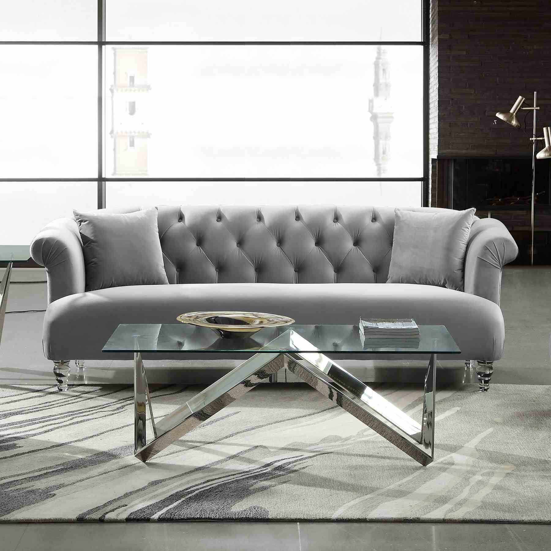 Elegance Contemporary Sofa in Gray Velvet with Acrylic Legs - Image 3