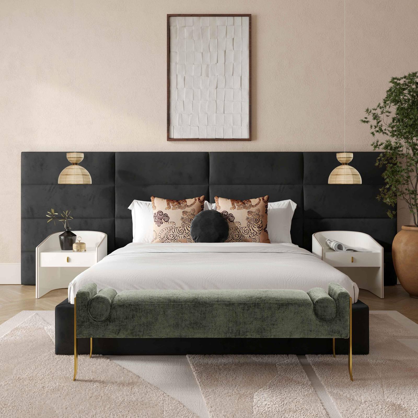 Eliana Black Velvet Queen Bed with Wings - Image 2