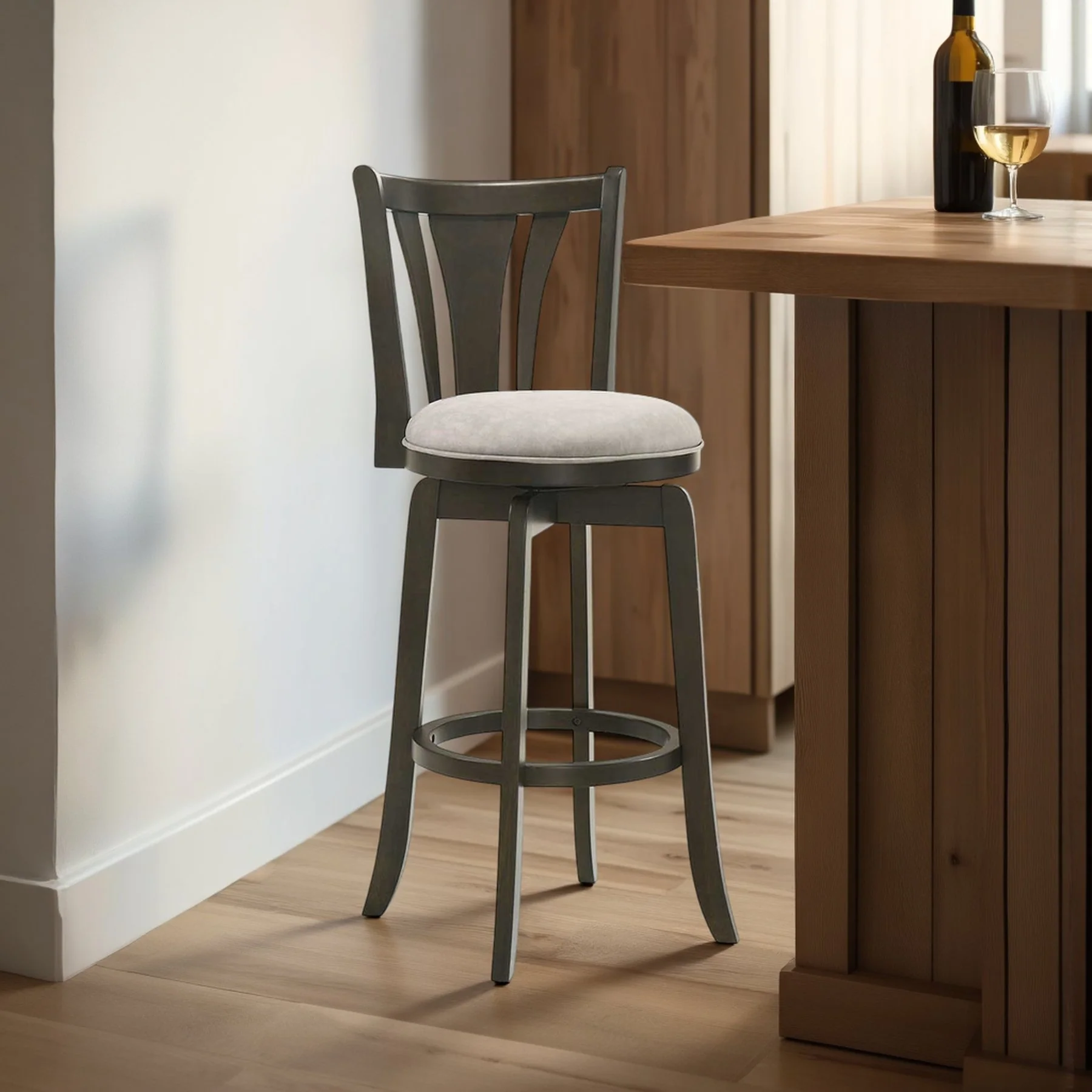 Elle 30 in. Dark Roast Bar Height Rubberwood Swivel Barstool with Grey Fabric Seat - Image 10
