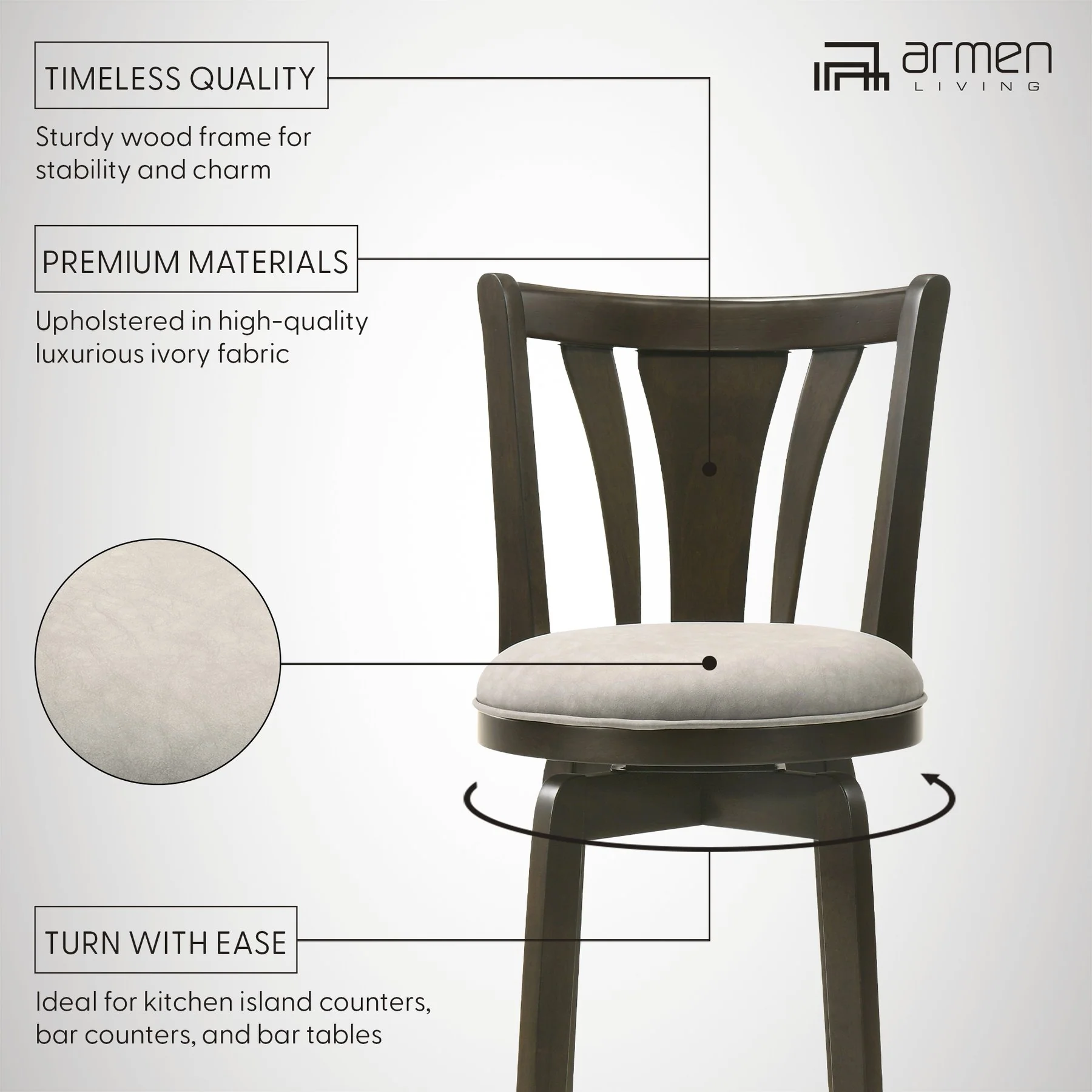Elle 30 in. Dark Roast Bar Height Rubberwood Swivel Barstool with Grey Fabric Seat - Image 12