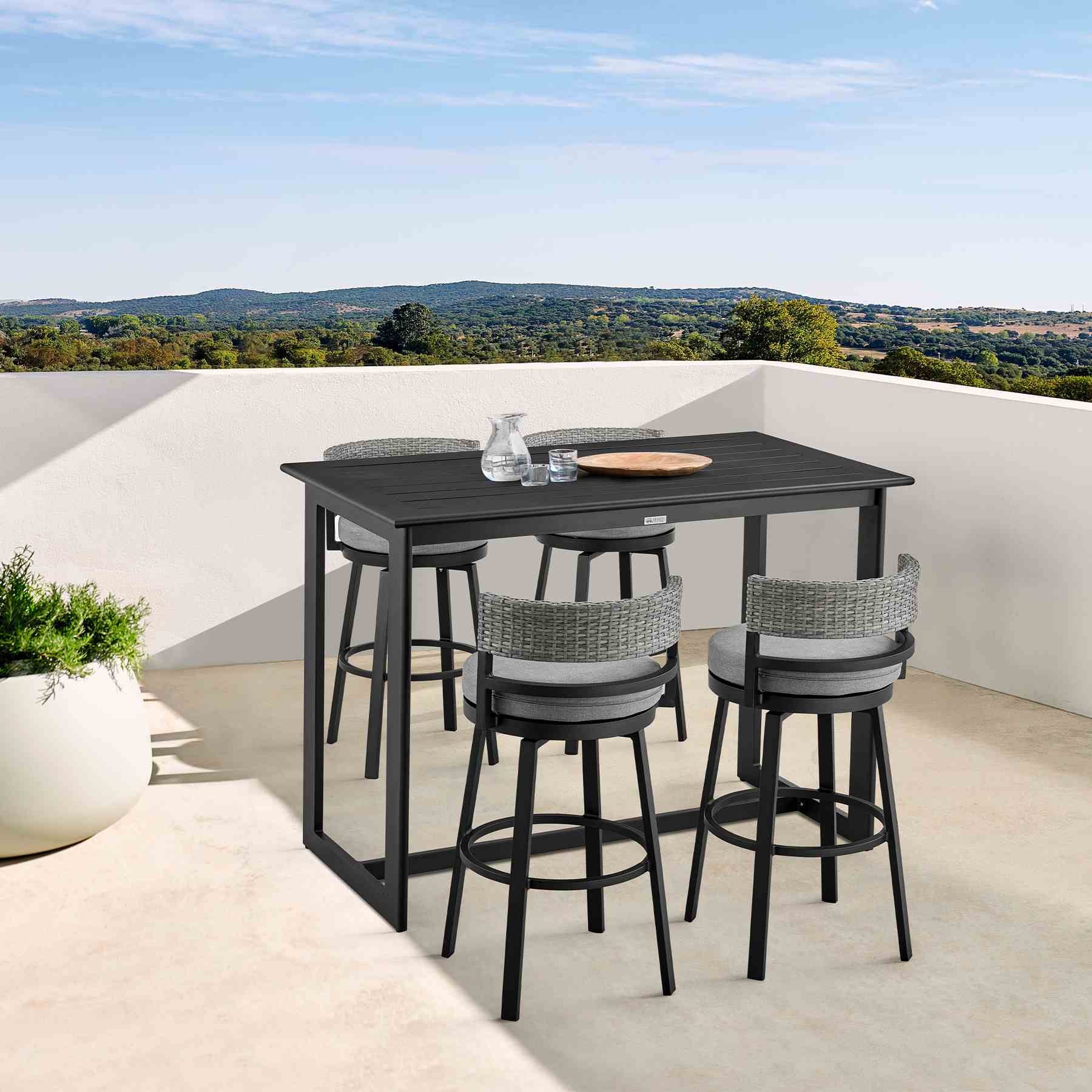 Encinitas Outdoor Patio Counter Height Swivel Bar Stool in Aluminum and Wicker with Gray Cushions - Image 12