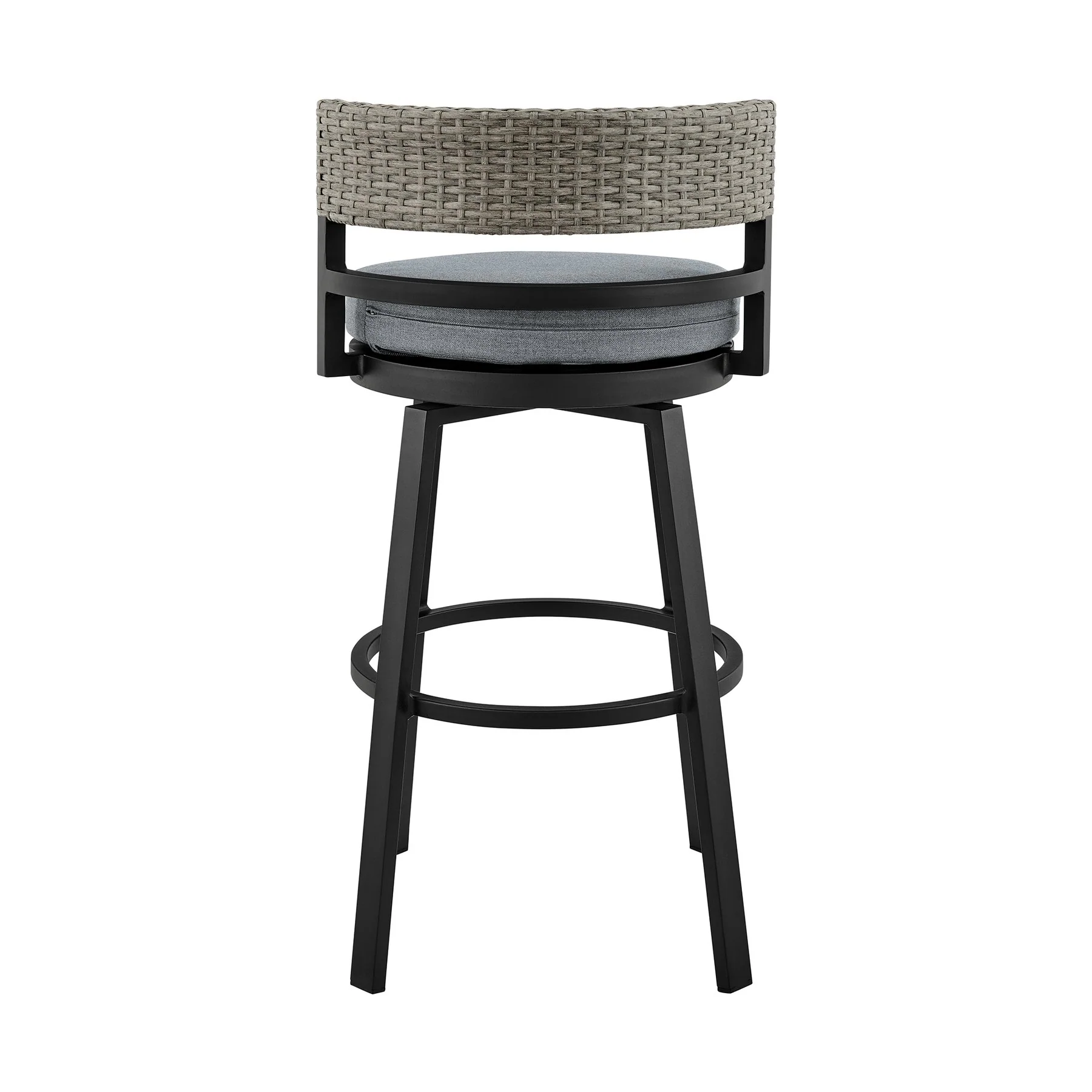 Encinitas Outdoor Patio Counter Height Swivel Bar Stool in Aluminum and Wicker with Gray Cushions - Image 5