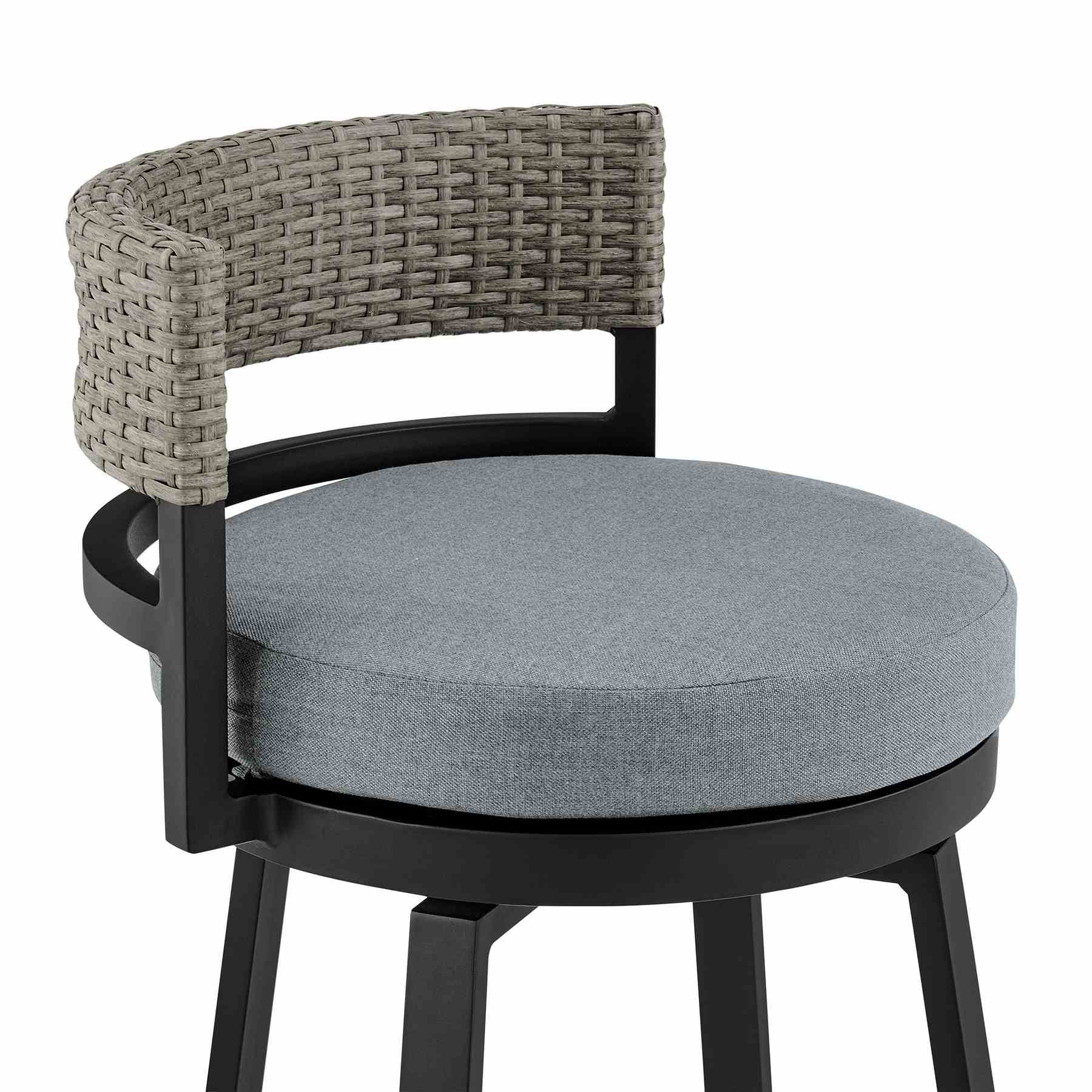 Encinitas Outdoor Patio Swivel Bar Stool in Aluminum and Wicker with Gray Cushions - Image 6