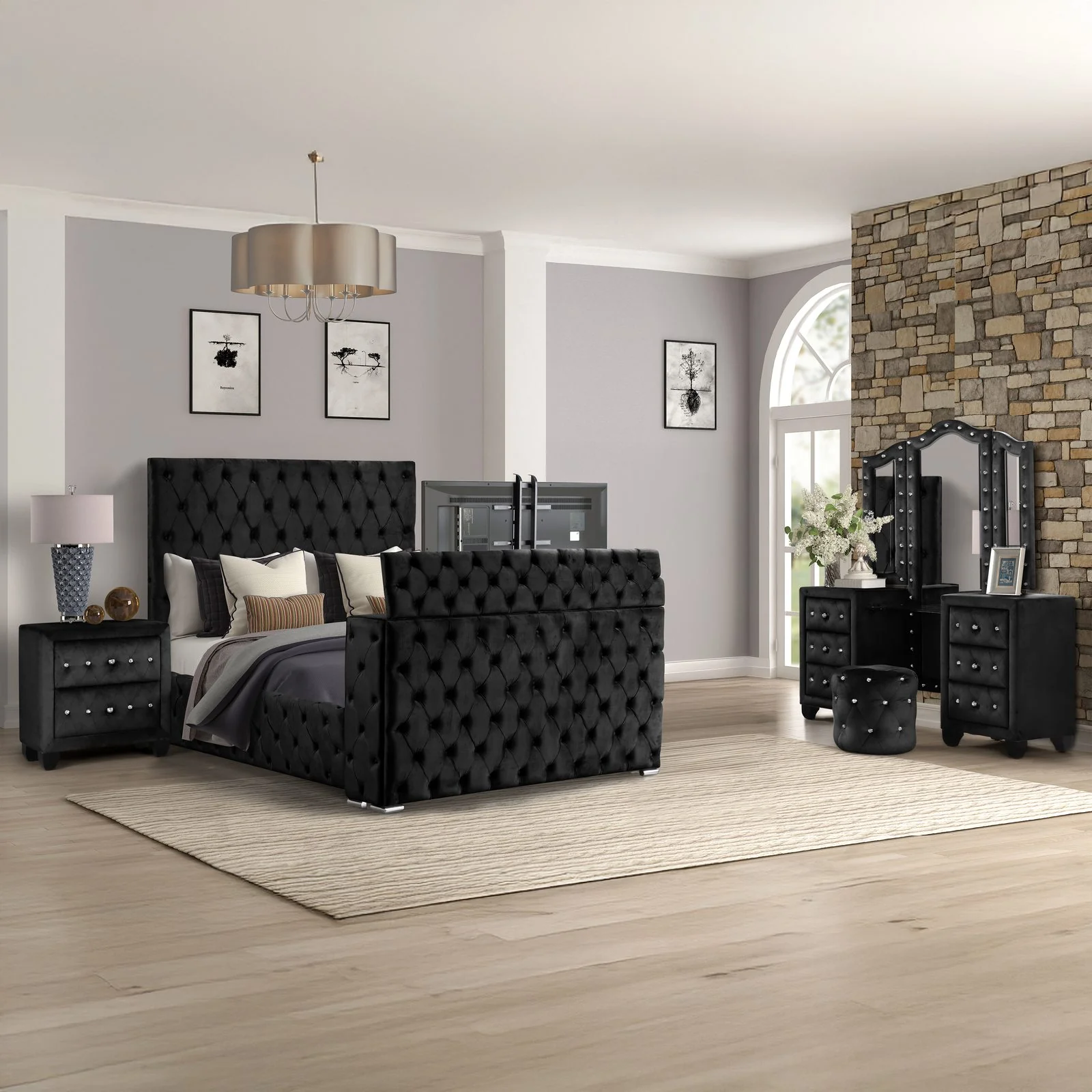 Encore King 4PC Vanity Bedroom Set Black