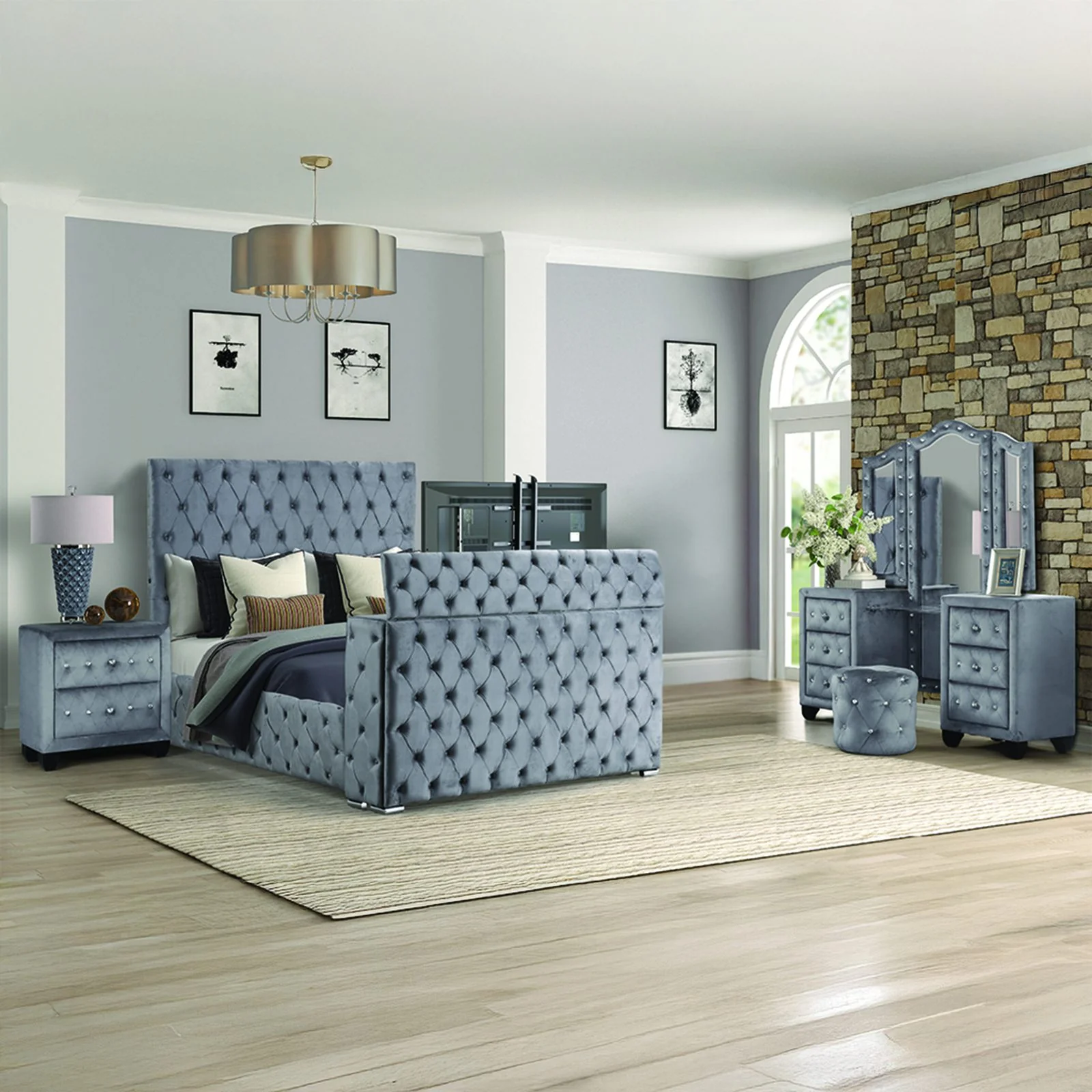 Encore King 4PC Vanity Bedroom Set Gray - Image 16