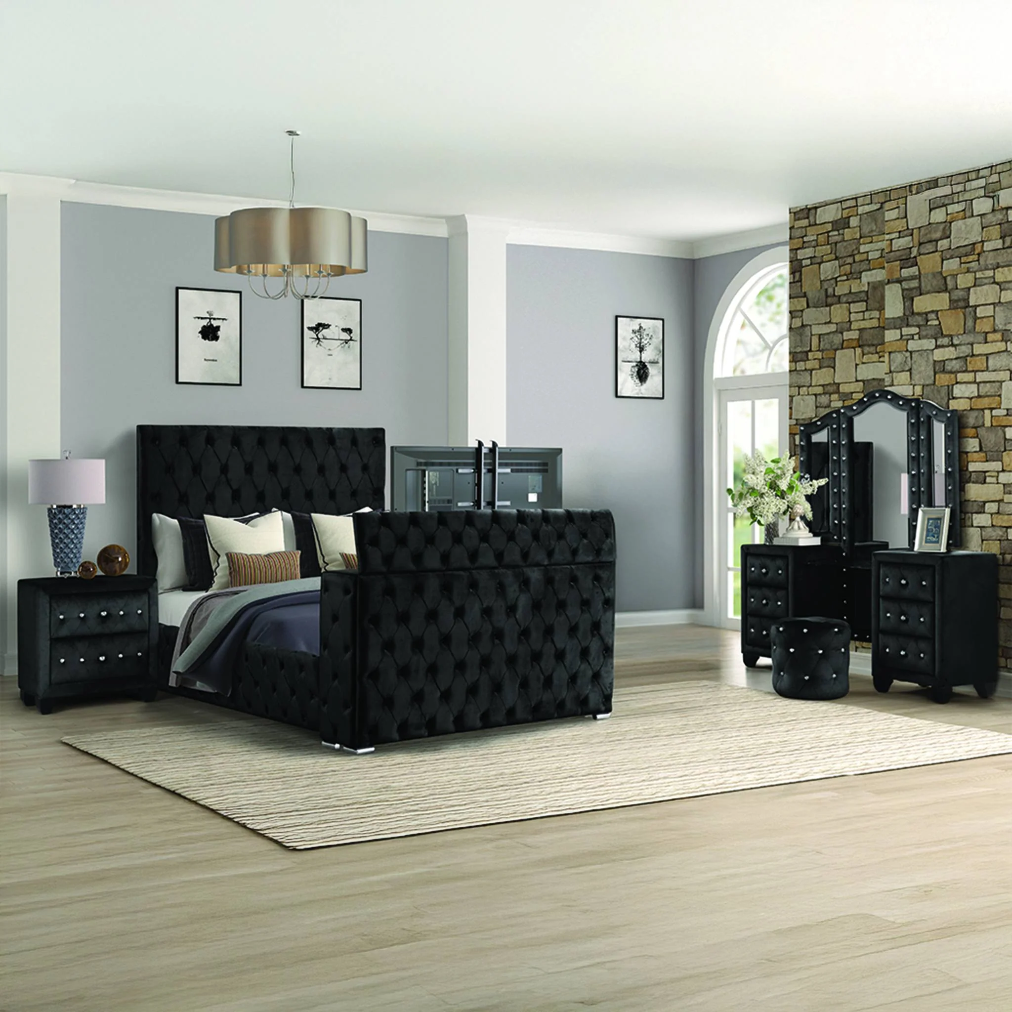 Encore Queen 4PC Vanity Bedroom Set Black - Image 15