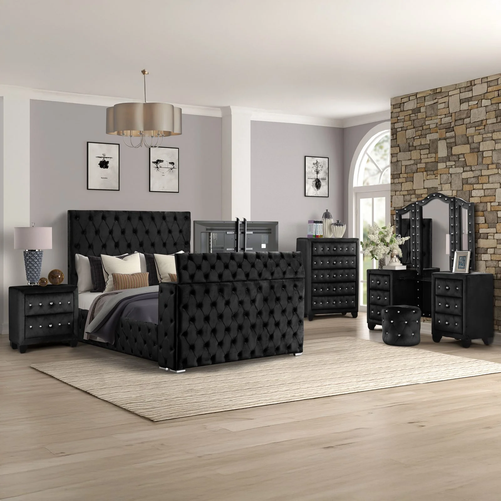 Encore Queen 5PC Vanity Bedroom Set Black