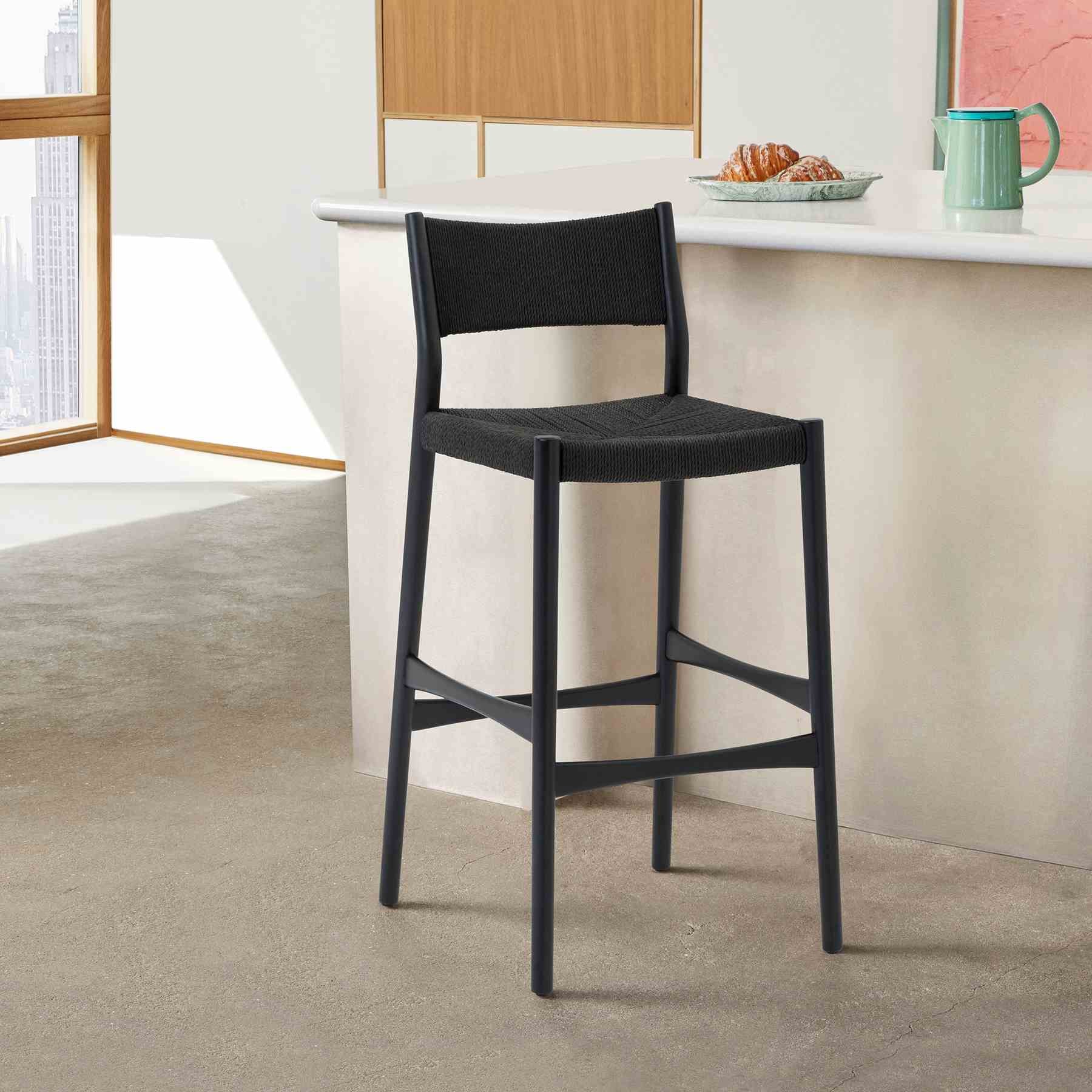 Erie Black Woven Paper Cord and Wood Counter Stool - Image 12