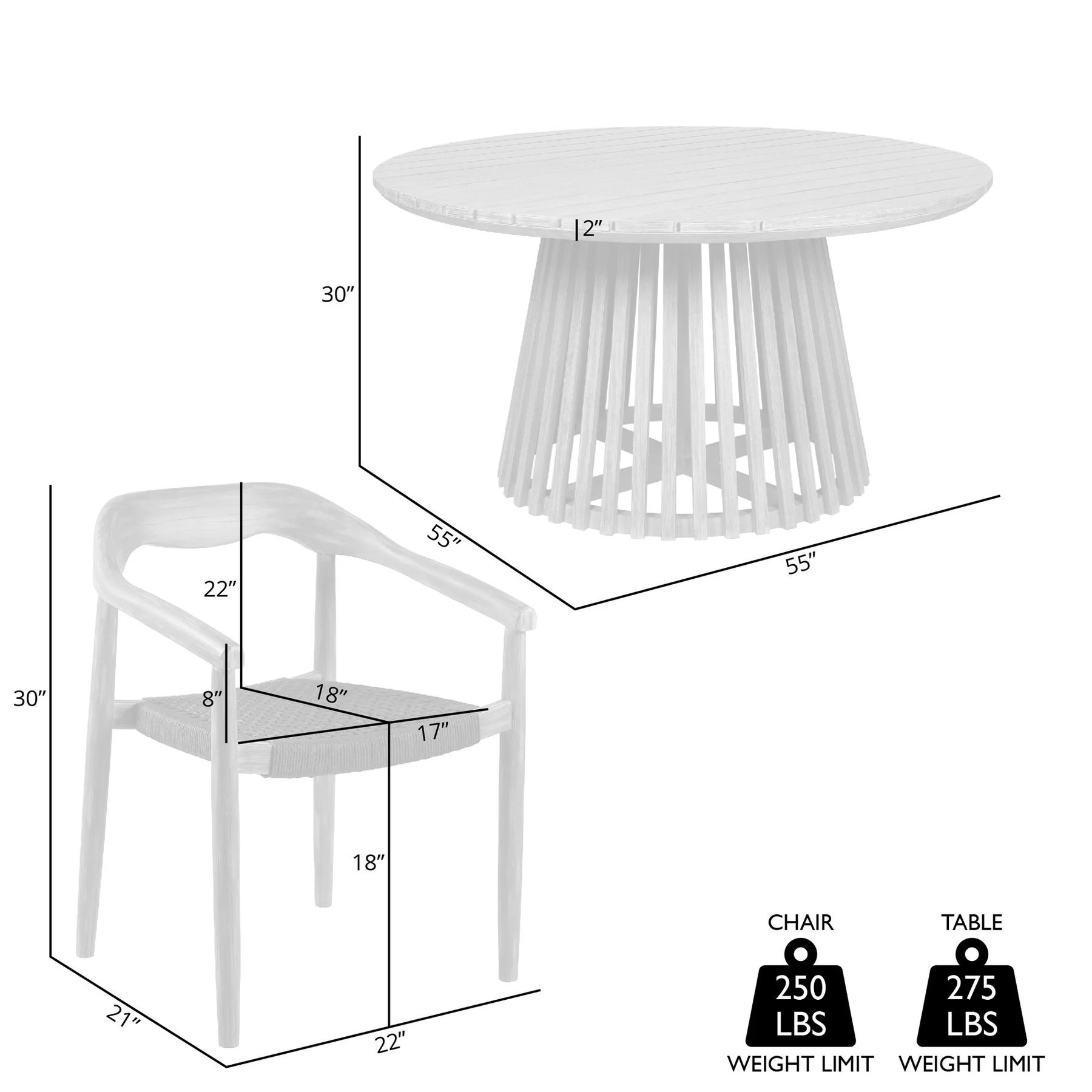 Escondido Santo Outdoor Patio 5 Piece Round Dining Set in Eucalyptus Wood and Charcoal Rope - Image 11