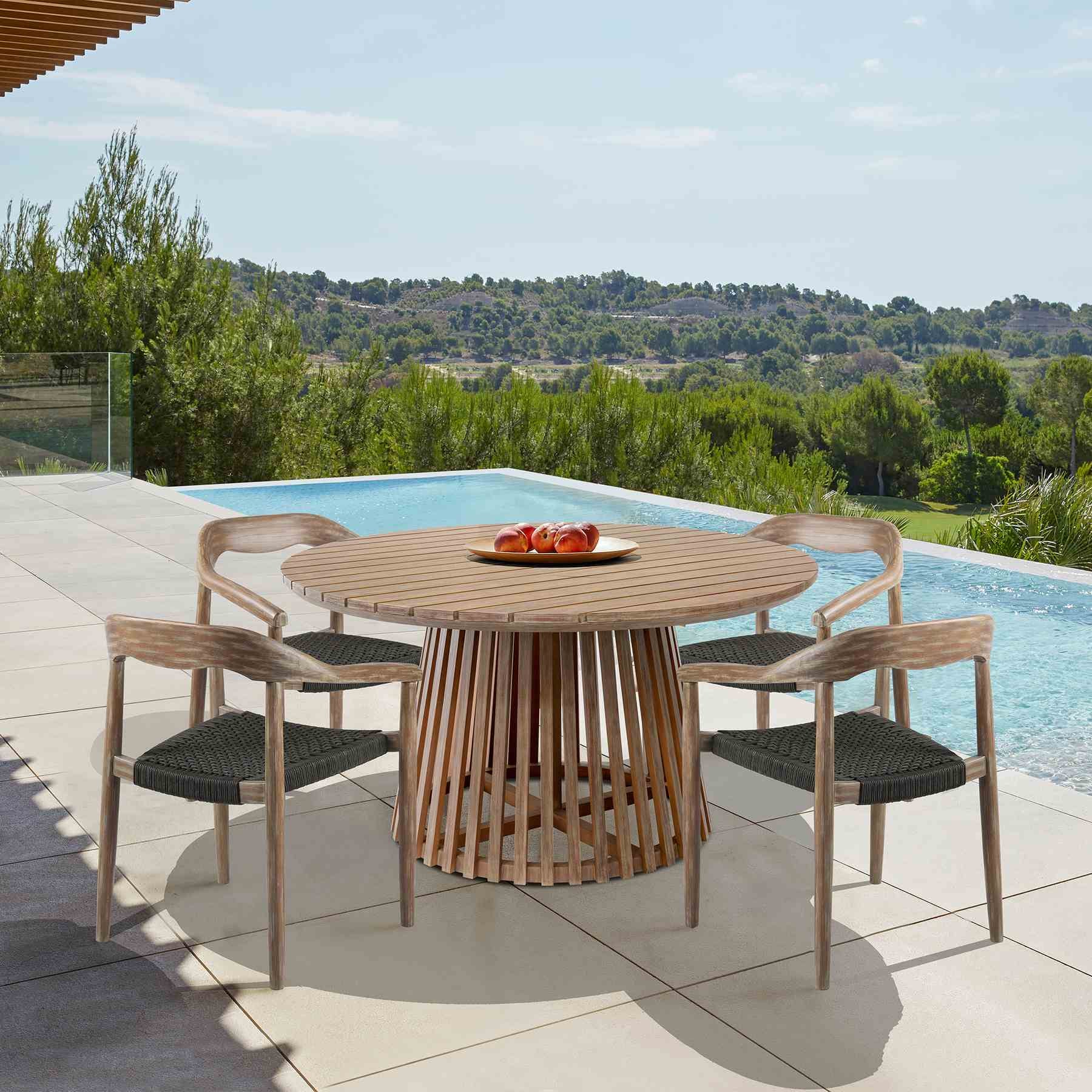 Escondido Santo Outdoor Patio 5 Piece Round Dining Set in Eucalyptus Wood and Charcoal Rope - Image 12