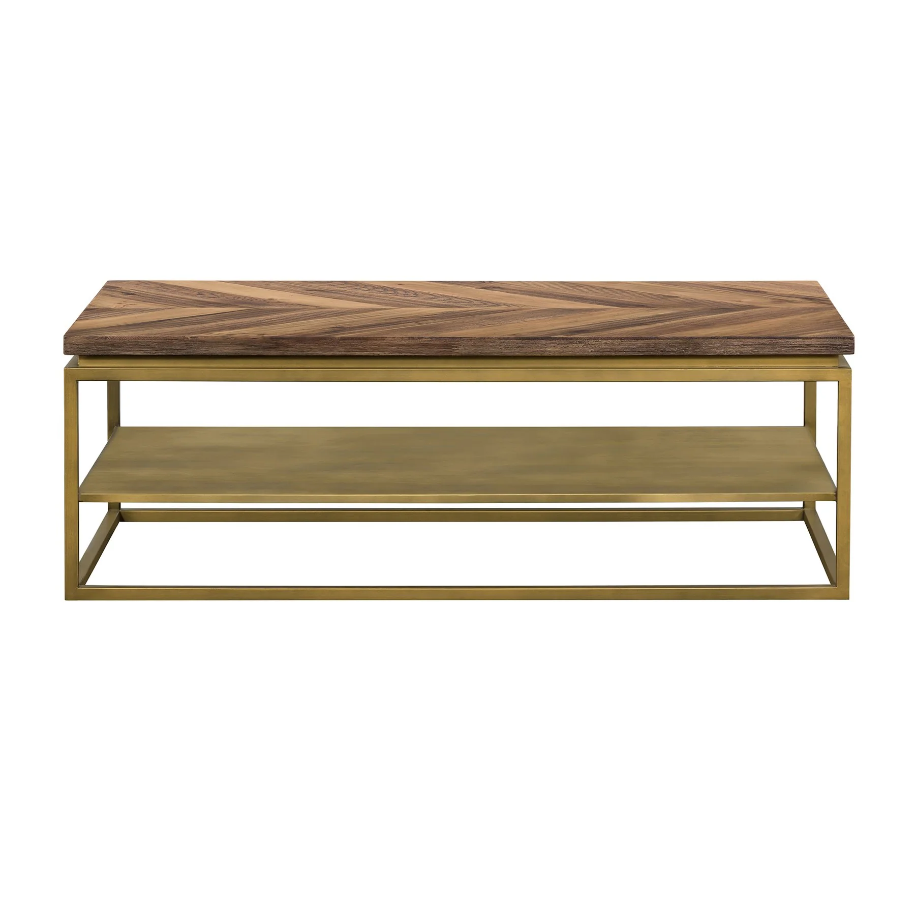 Faye Rustic Brown Wood Coffee Table with Shelf and Antique Brass Metal Base - Image 2