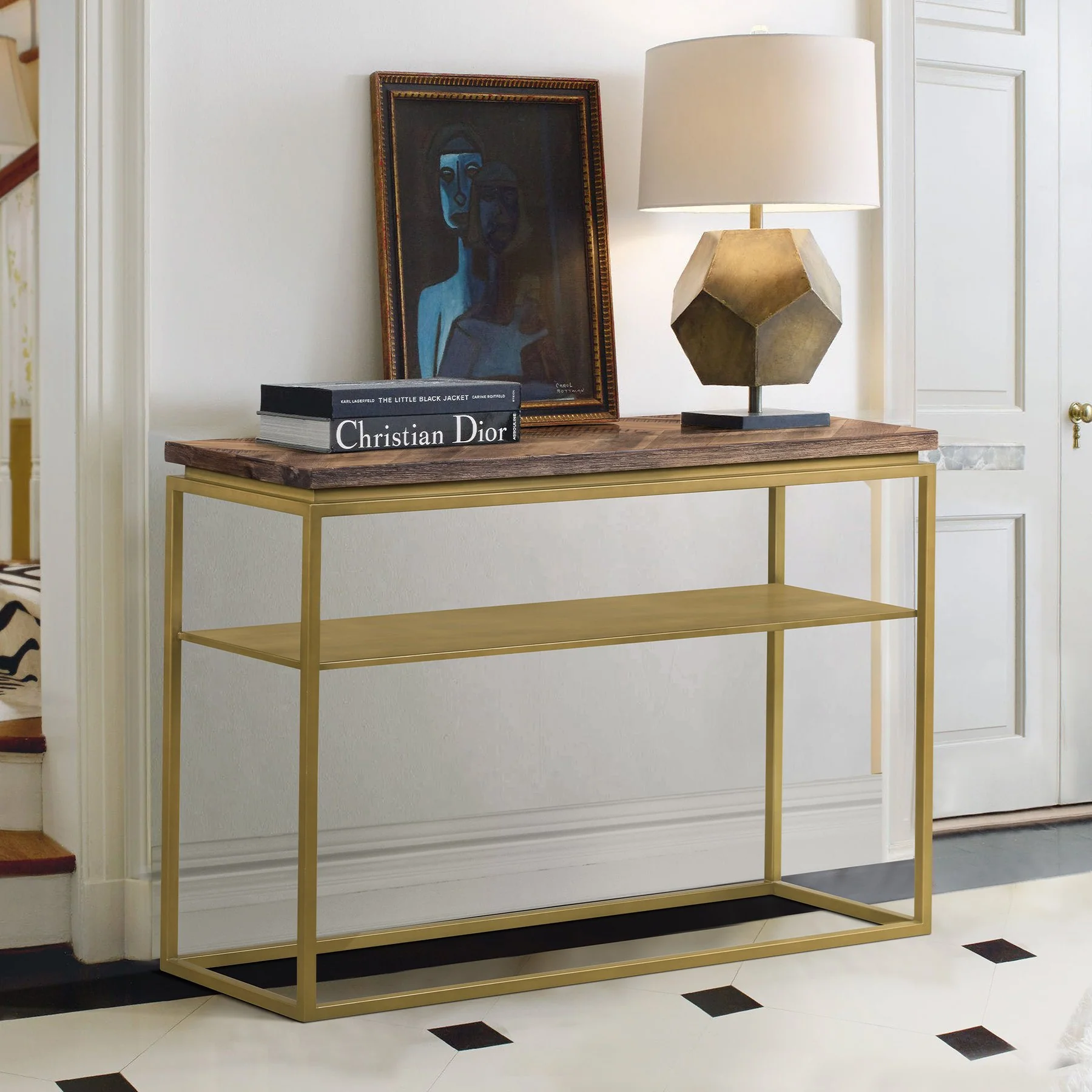 Faye Rustic Brown Wood Console Table with Shelf and Antique Brass Metal Base - Image 8