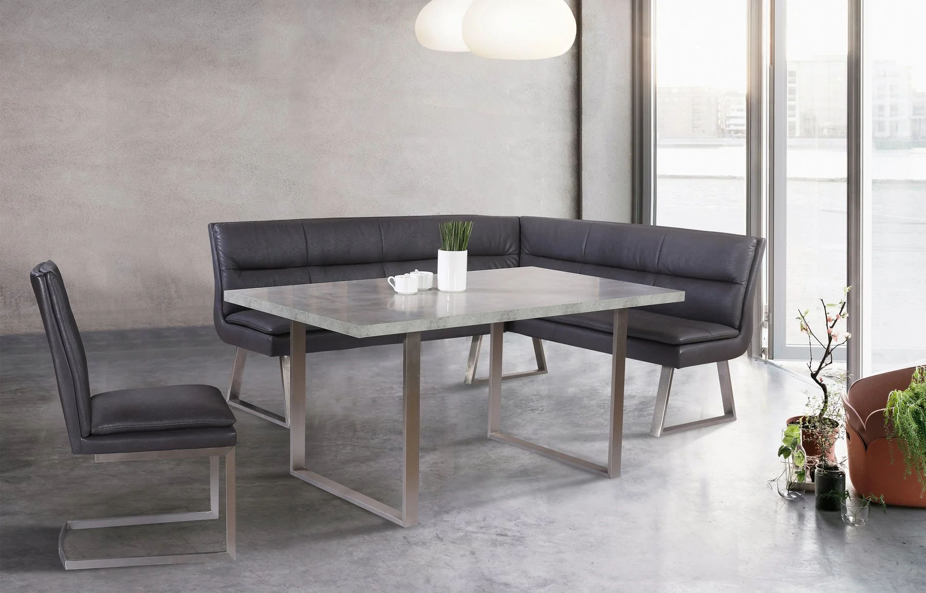 Fenton Contemporary Dining Chair in Brushed Stainless Steel Finish with Gray Faux Leather - Set of 2 - Image 7