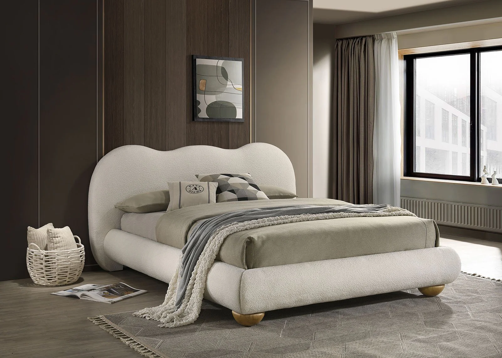 Finamore Queen Bed, White Boucle