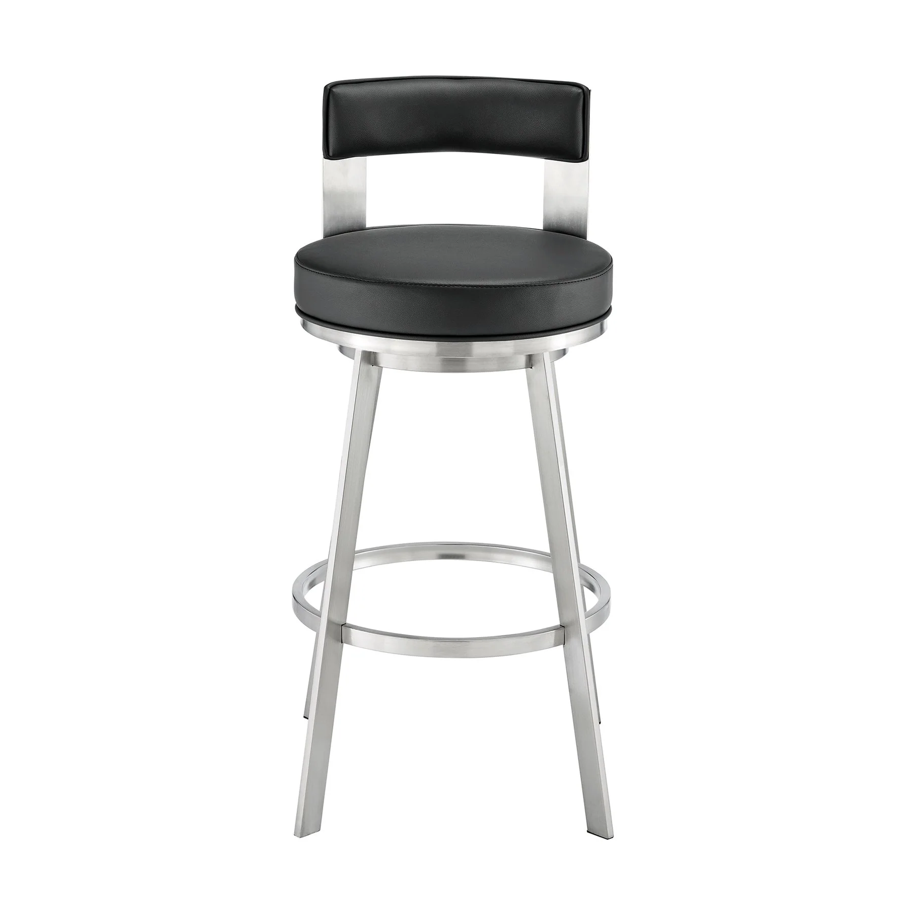 Flynn 26" Swivel Counter Stool in Brushed Stainless Steel with Black Faux Leather - Image 2