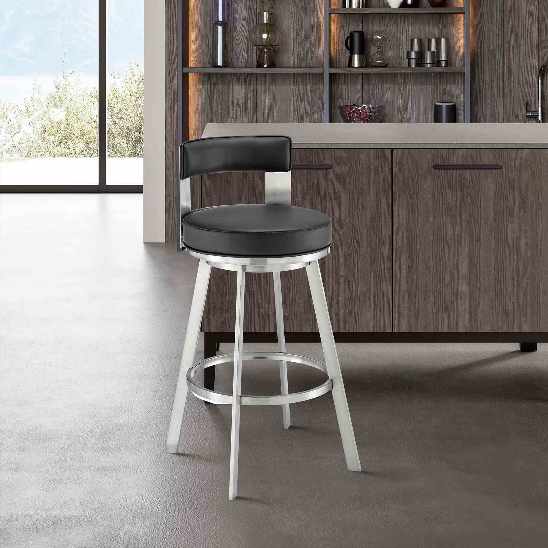 Flynn 26" Swivel Counter Stool in Brushed Stainless Steel with Black Faux Leather - Image 9