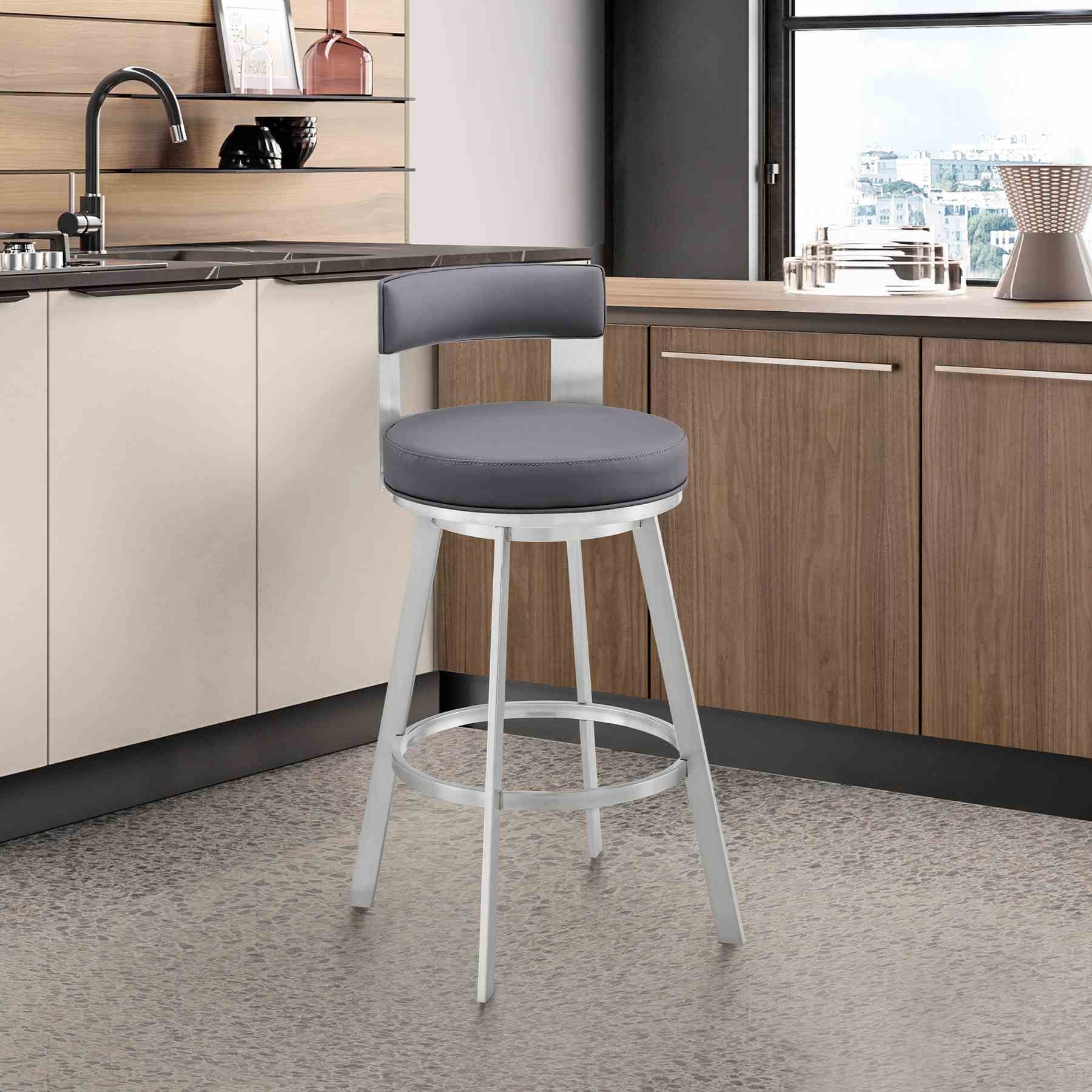 Flynn 30" Swivel Bar Stool in Silver Metal with Gray Faux Leather - Image 9