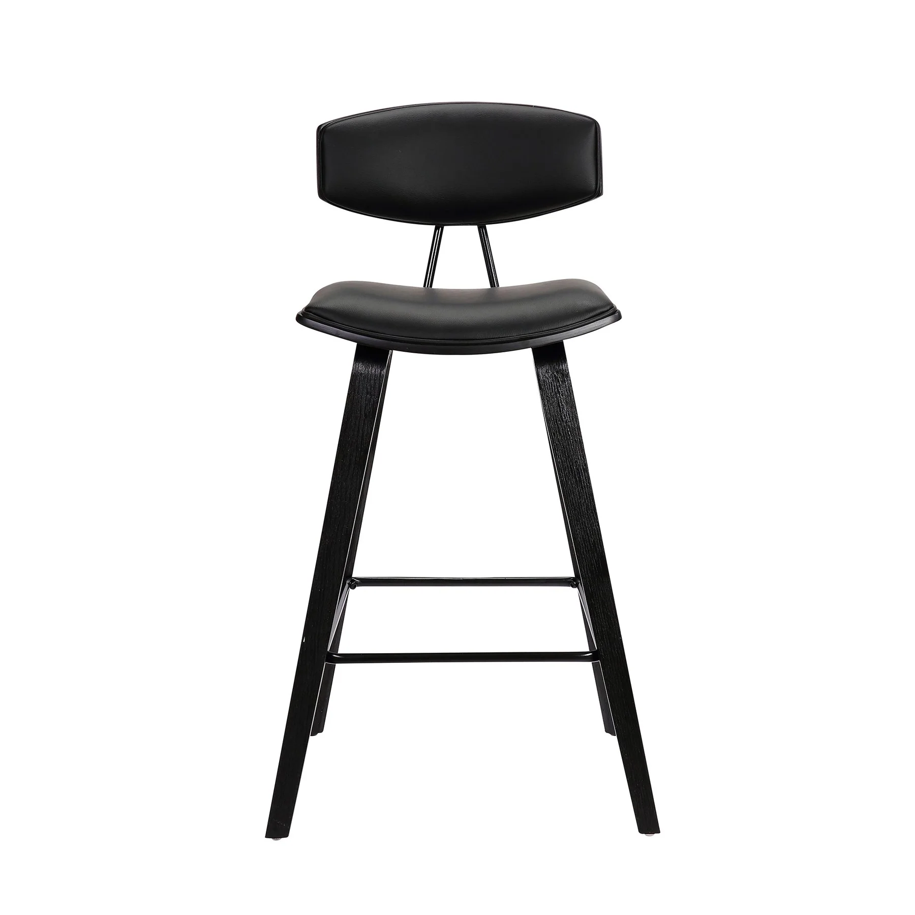 Fox 28.5" Bar Height Black Faux Leather and Black Wood Mid-Century Modern Bar Stool - Image 2