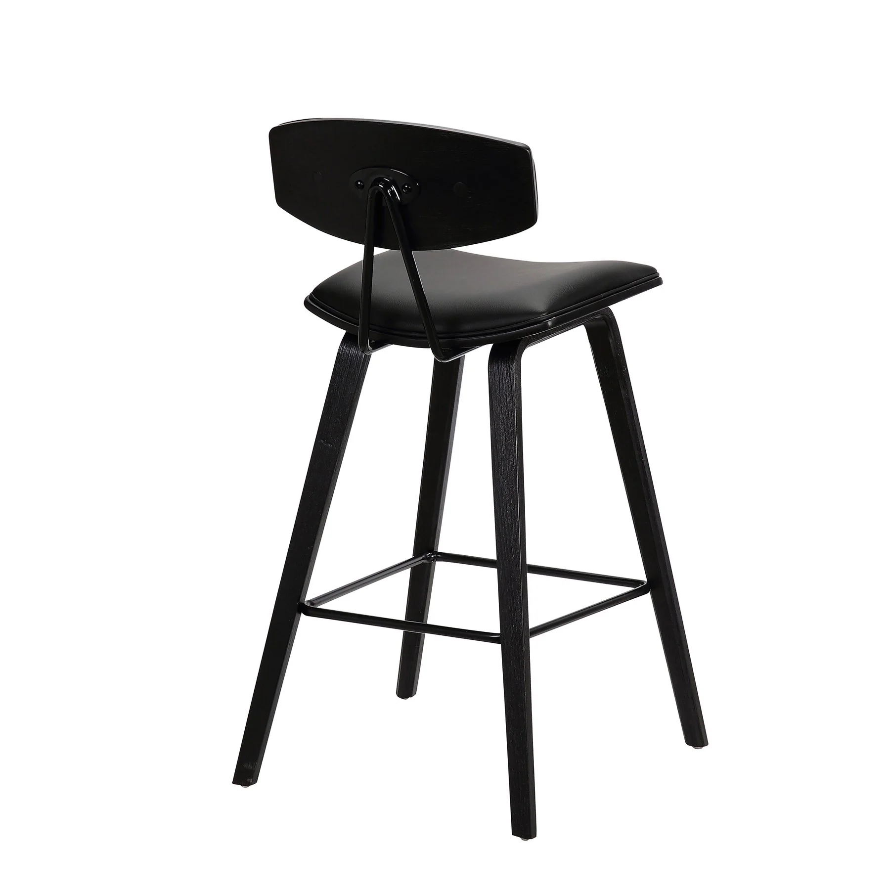 Fox 28.5" Bar Height Black Faux Leather and Black Wood Mid-Century Modern Bar Stool - Image 4