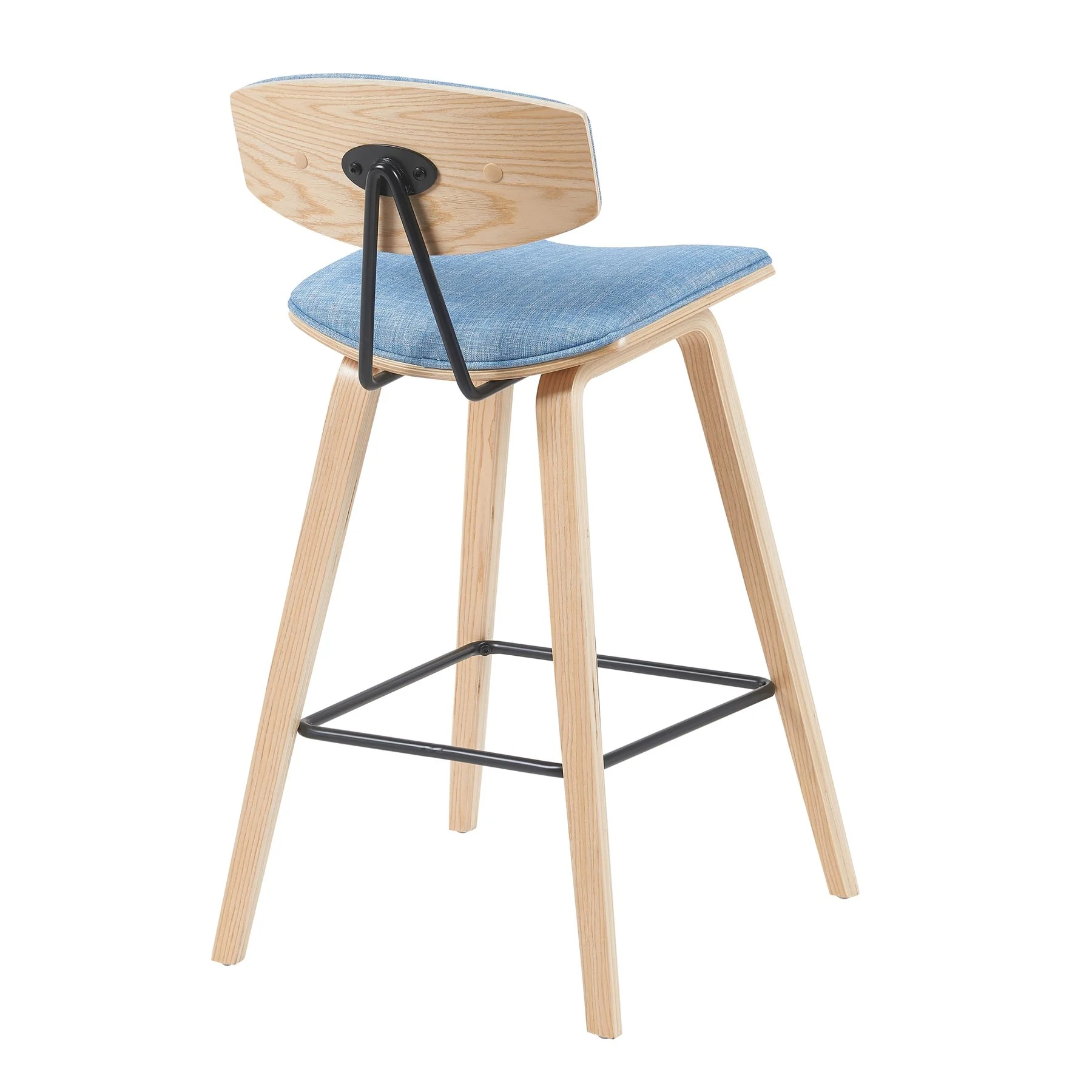 Fox Modern Swivel Bar Height Stool with Light Blue Upholstered Seat and Patterned Oak Wood Frame - Image 3