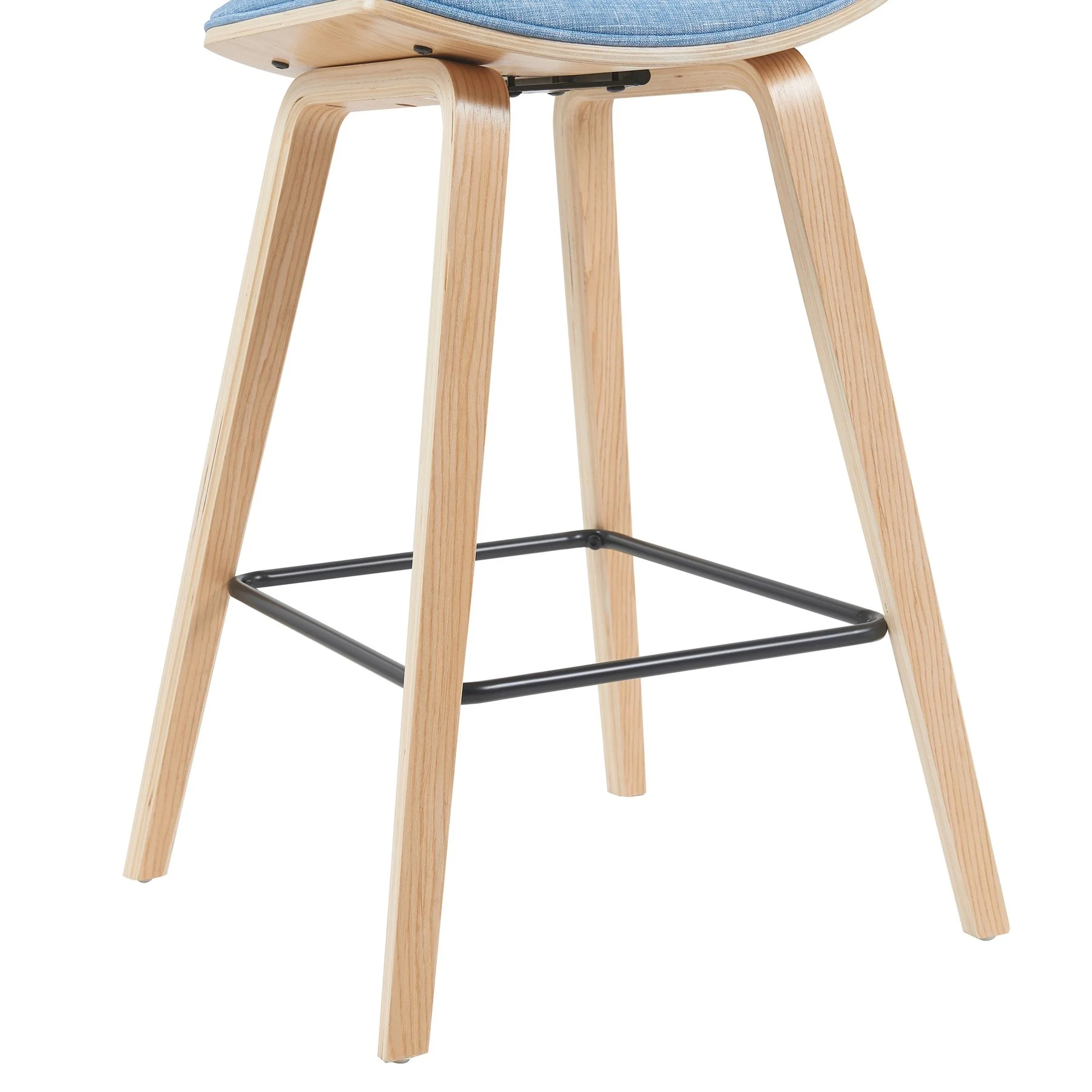 Fox Modern Swivel Bar Height Stool with Light Blue Upholstered Seat and Patterned Oak Wood Frame - Image 6