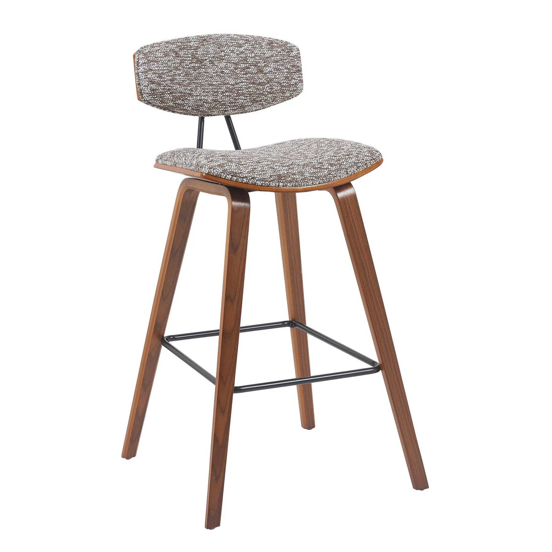 Fox Modern Swivel Bar Height Stool with Speckled Brown Upholstered Seat and Walnut Wood Frame