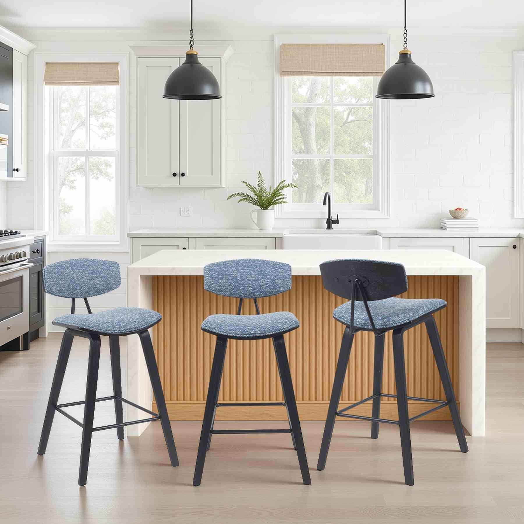 Fox Modern Swivel Counter Height Bar Stool with Speckled Blue Upholstered Seat and Black Brushed Wood Frame - Image 8