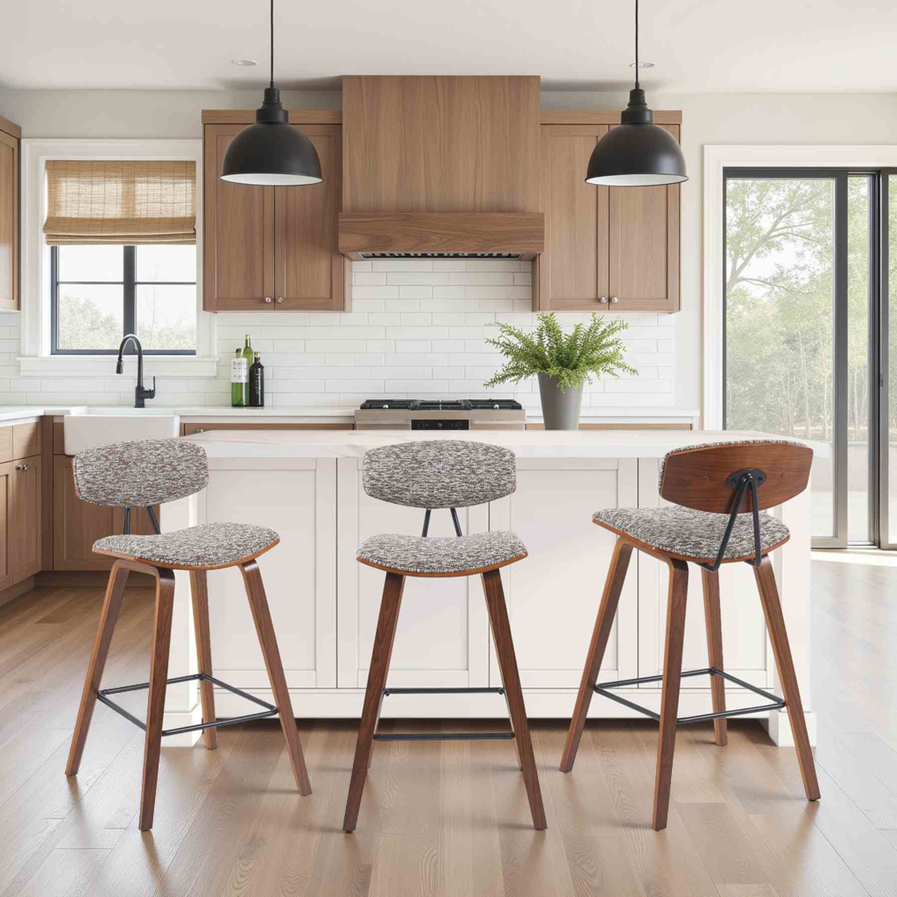 Fox Modern Swivel Counter Height Bar Stool with Speckled Brown Upholstered Seat and Walnut Wood Frame - Image 8