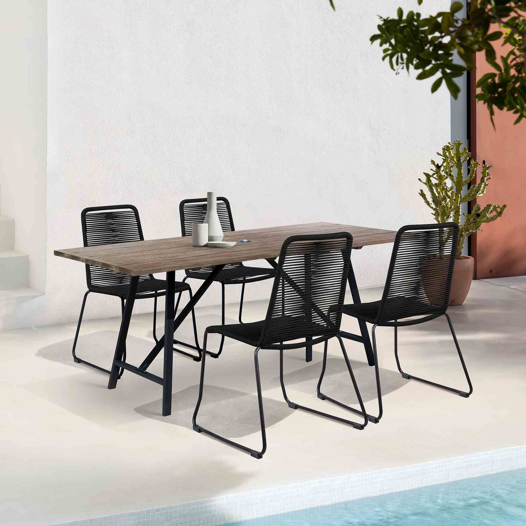 Frinton and Shasta 5 Piece Outdoor Patio Dining Set in Light Eucalyptus Wood and Black Rope - Image 12