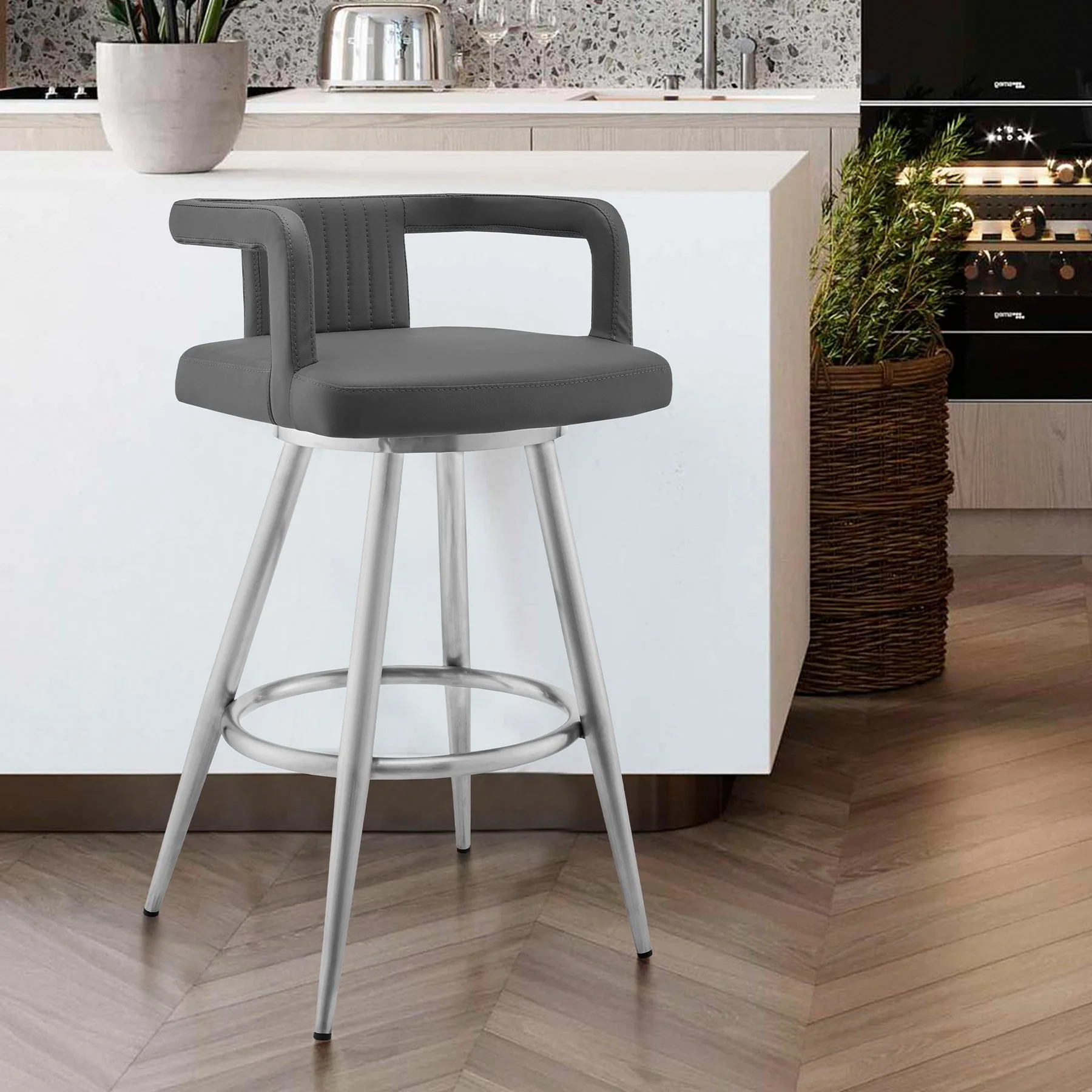 Gabriele 30" Gray Faux Leather and Brushed Stainless Steel Swivel Bar Stool - Image 8
