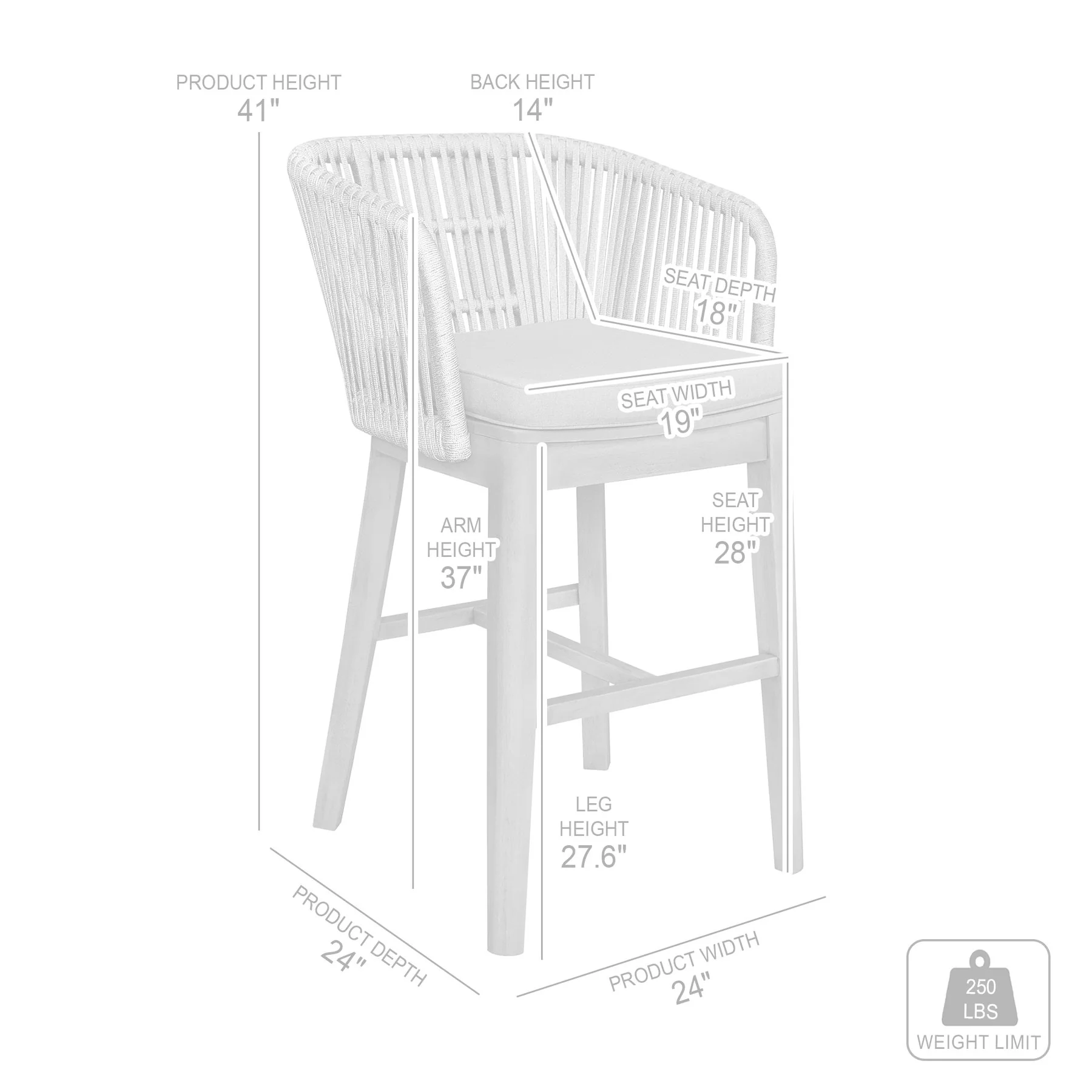 Garnet Outdoor Patio Bar Stool in Gray Acacia Wood and Rope - Image 11