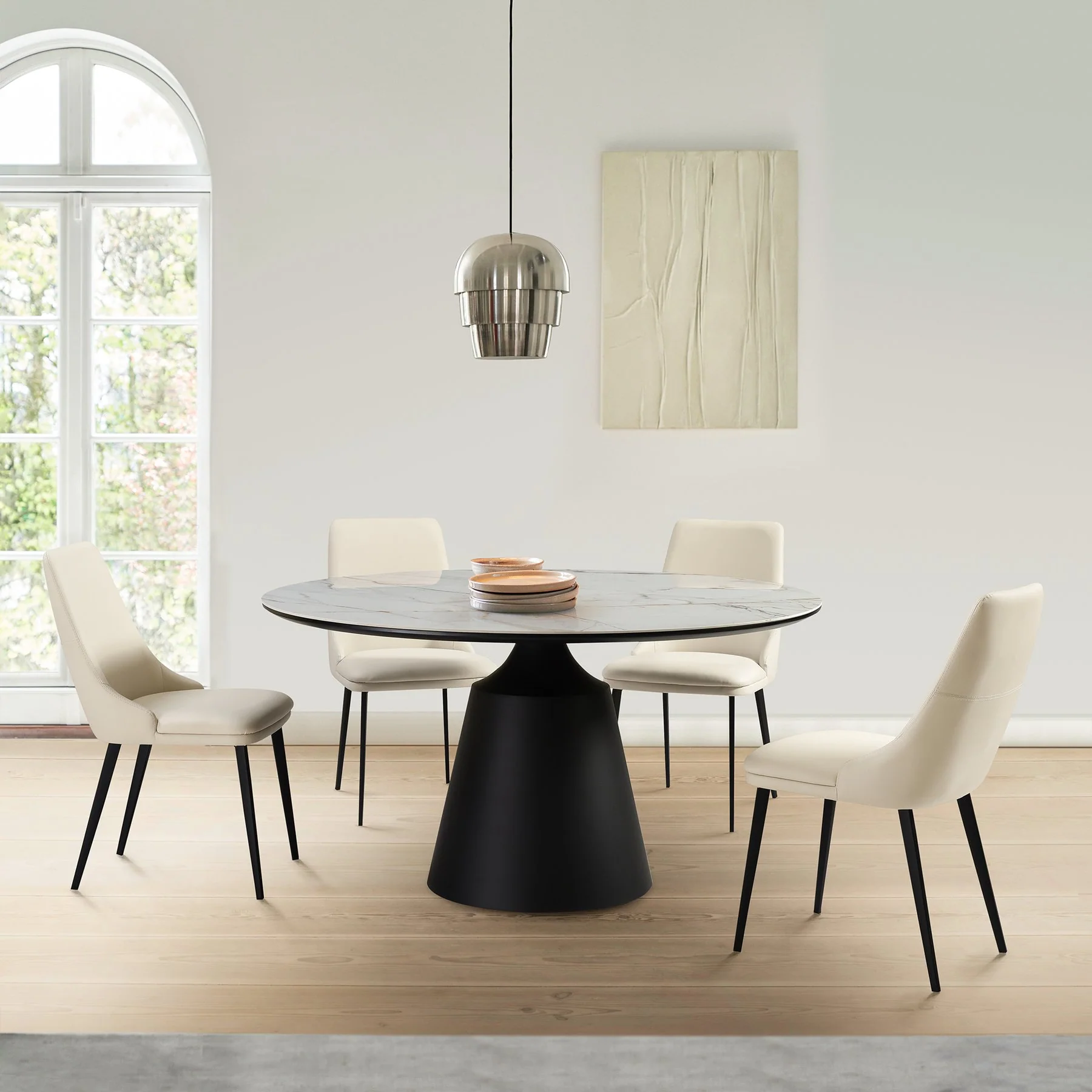 Genesis Upholstered Dining Chair in Beige Faux Leather with Black Metal Legs - Set of 2 - Image 12