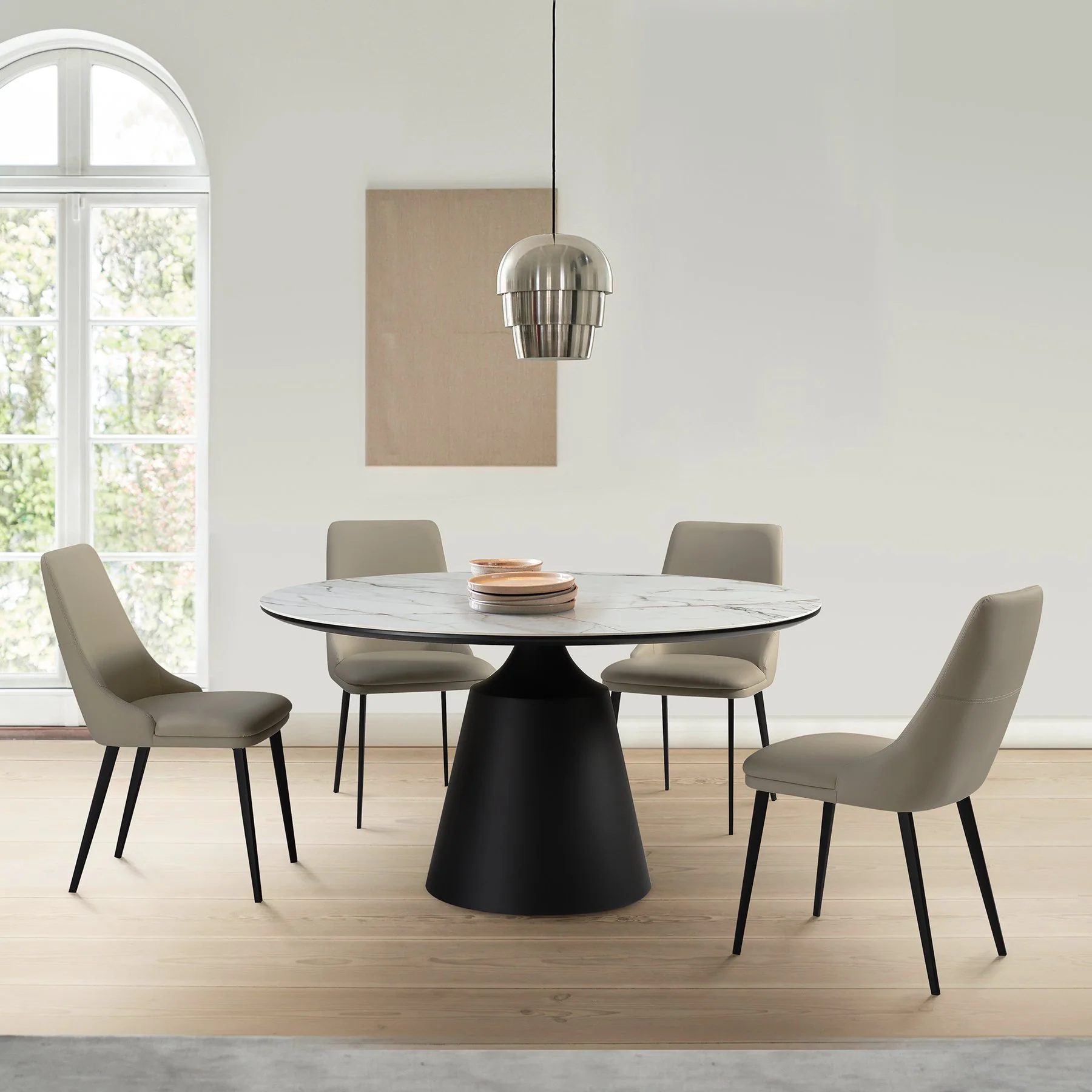 Genesis Upholstered Dining Chair in Taupe Gray Faux Leather with Black Metal Legs - Set of 2 - Image 12