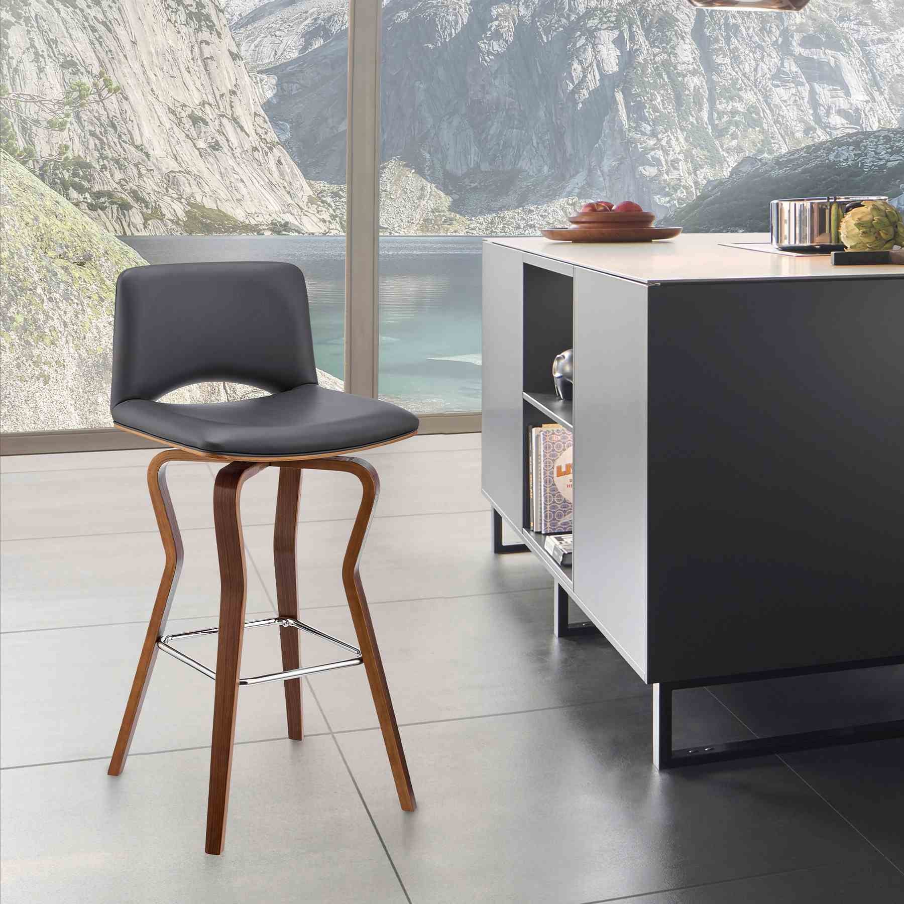 Gerty 26" Swivel Gray Faux Leather and Walnut Wood Bar Stool - Image 10
