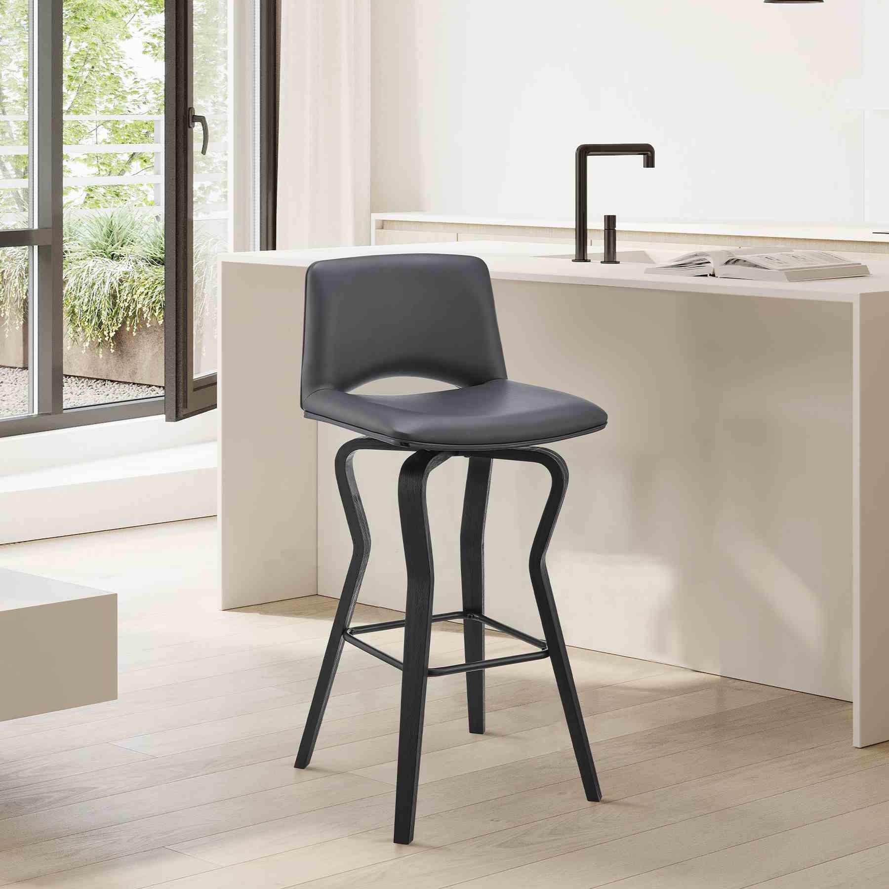 Gerty 30" Swivel Gray Faux Leather and Black Wood Bar Stool - Image 10