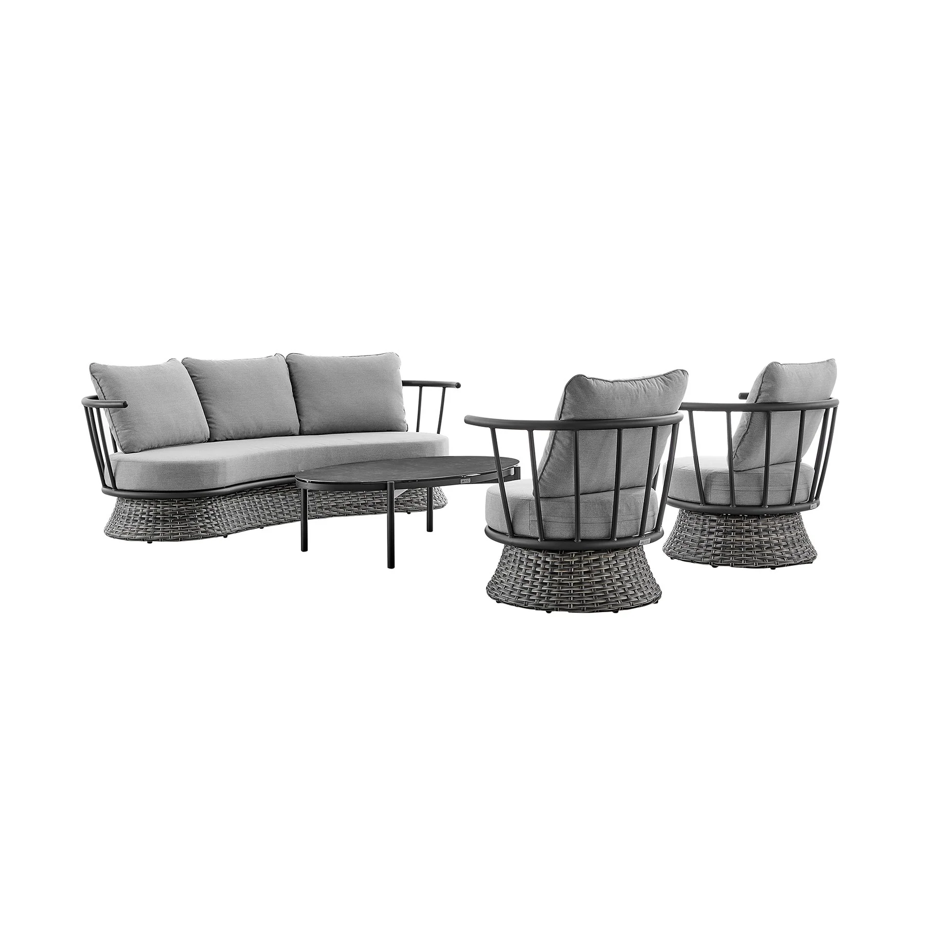 Giotto 4 Piece Outdoor Patio Furniture Set in Black Aluminum and Gray Wicker with Gray Cushions