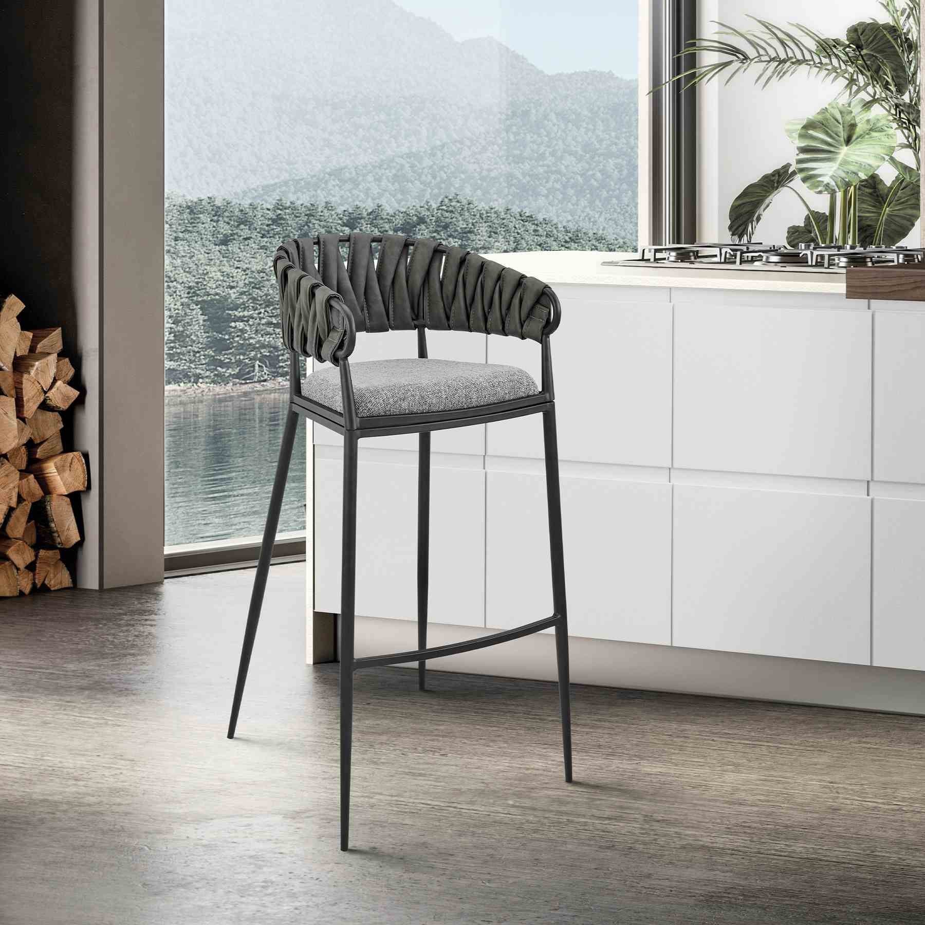 Giovanni 26" Counter Stool in Black Metal with Gray Fabric and Faux Leather - Image 10