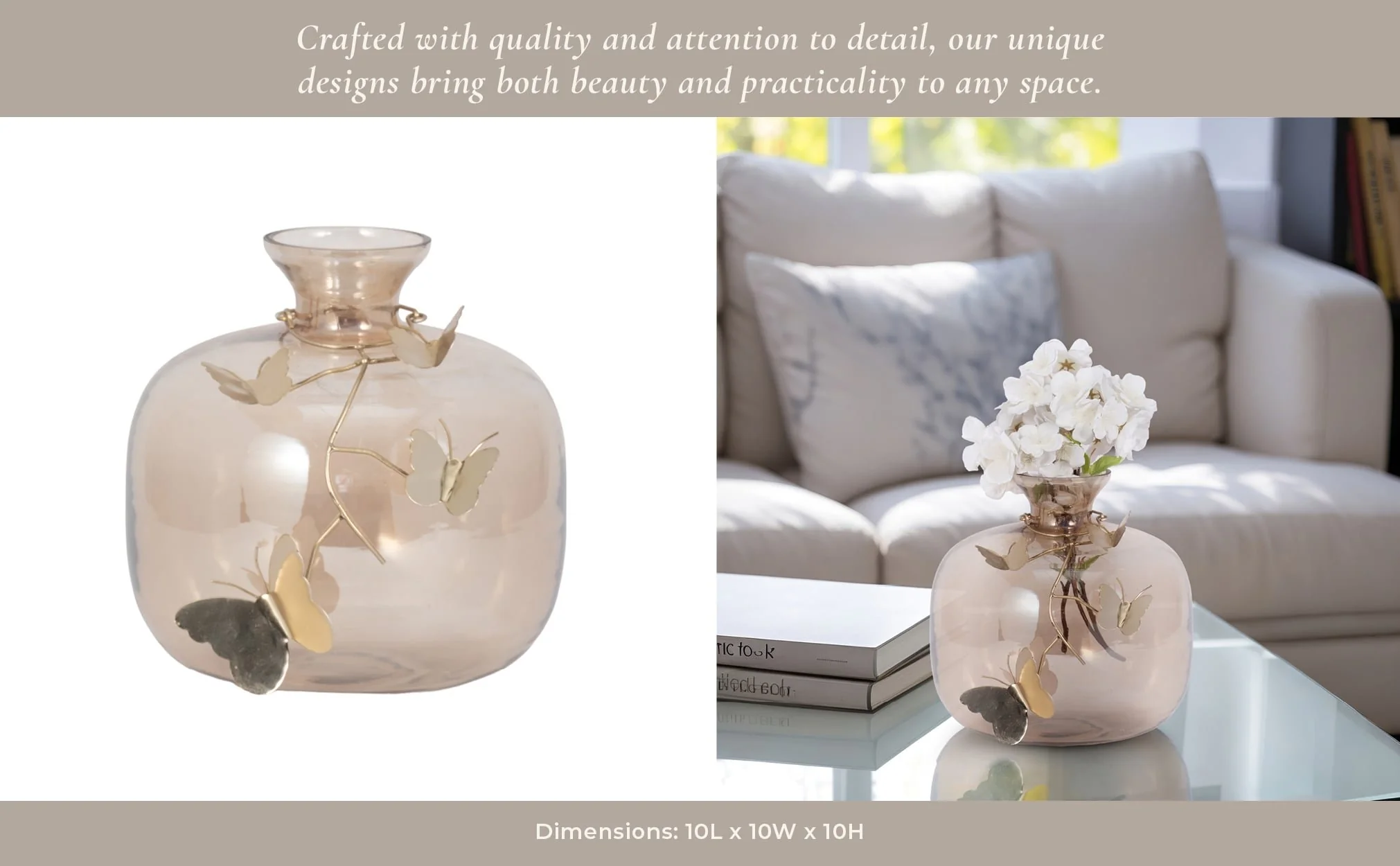 Glass, 10" Vase W/ Butterfly Garland, Gold - Image 12