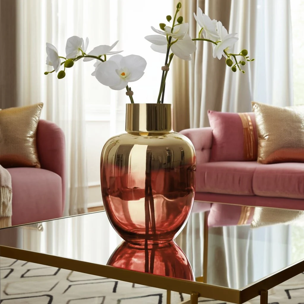 Glass 12"h Metallic Vase, Pink/gold - Image 10