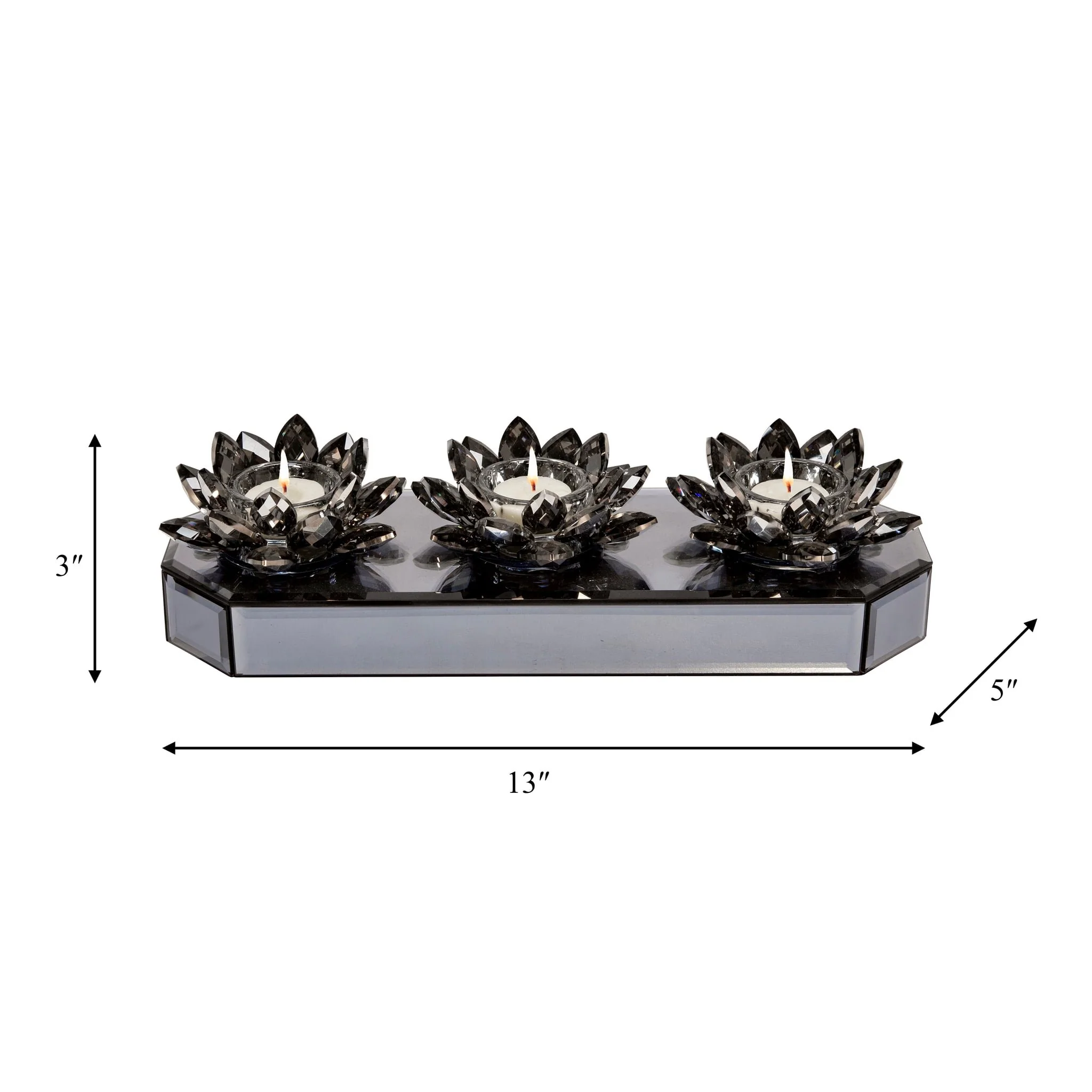 Glass 13" 3 Lotus Mirrored Candle Holder, Black - Image 7