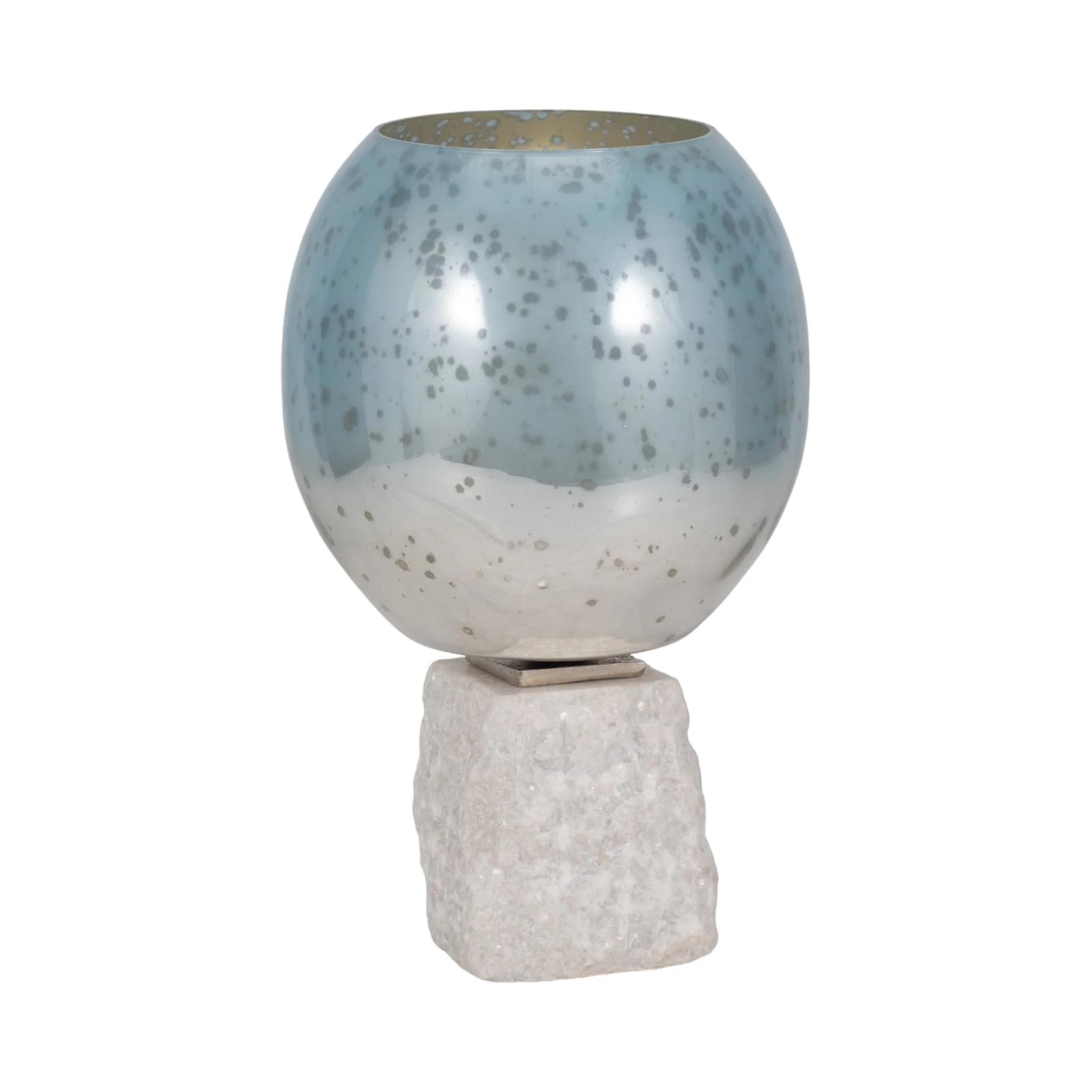 Glass, 13" Bowl Pillar Holder Marble Base, Aqua/wh - Image 2