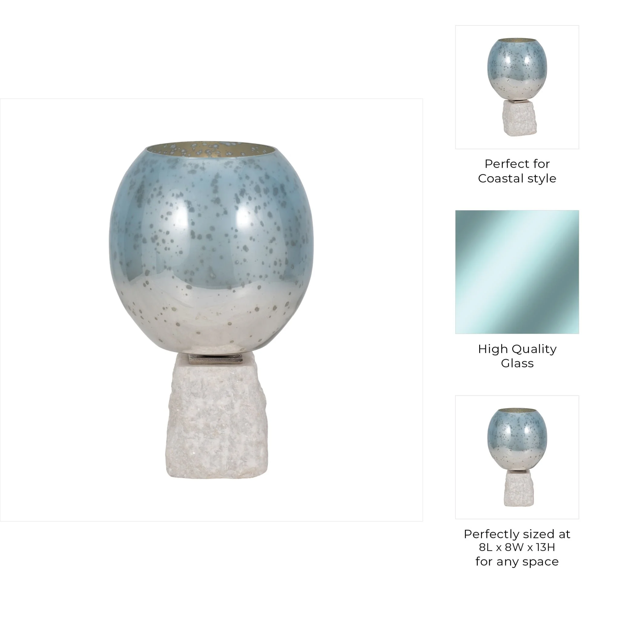 Glass, 13" Bowl Pillar Holder Marble Base, Aqua/wh - Image 9