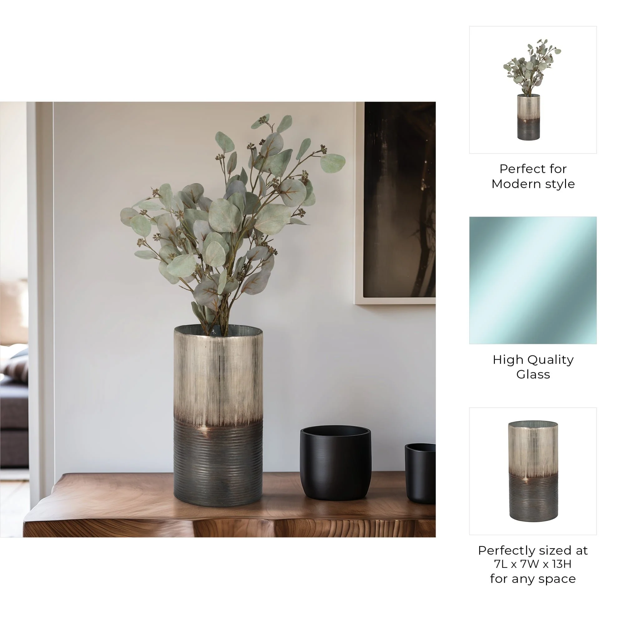 Glass, 13" Metallic 2-tone Vase, Silver - Image 9