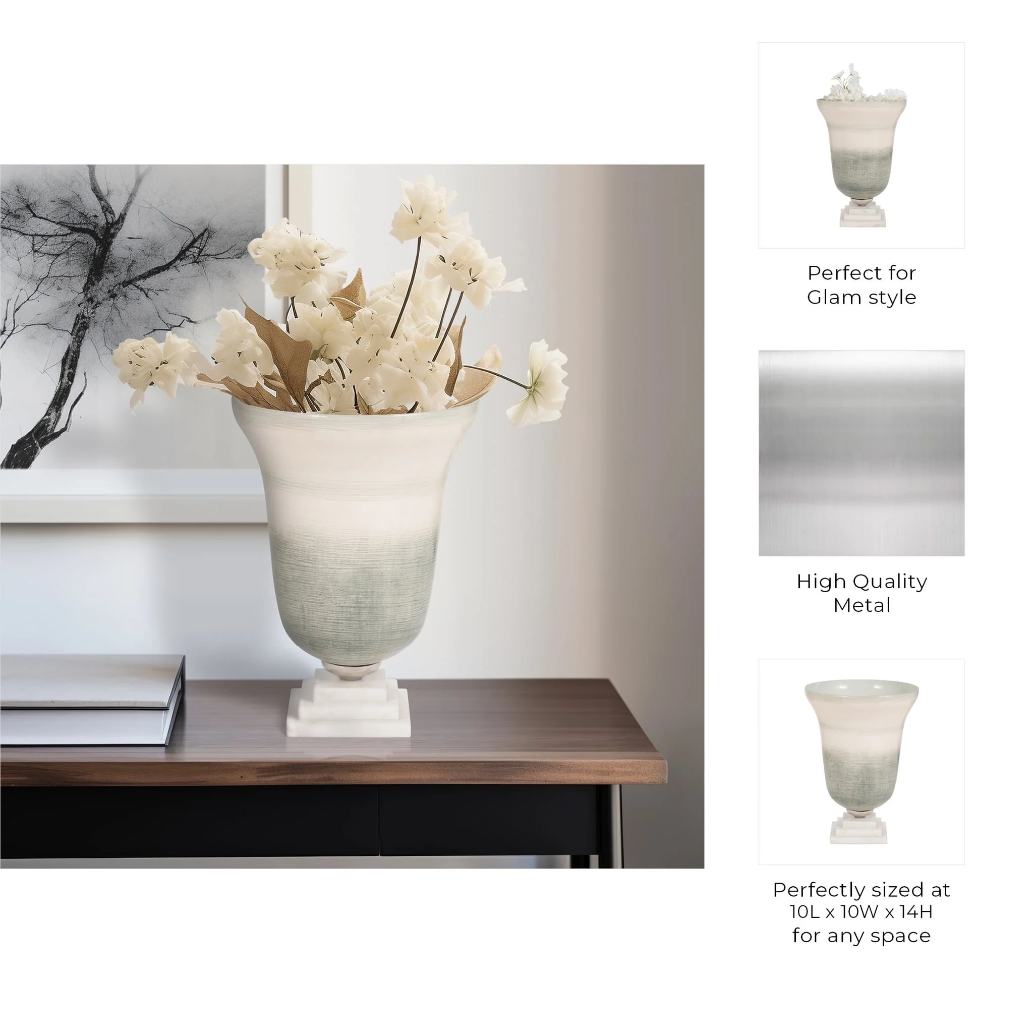 Glass, 14" Vase On Marble Base, Sage/ivory Kd - Image 10