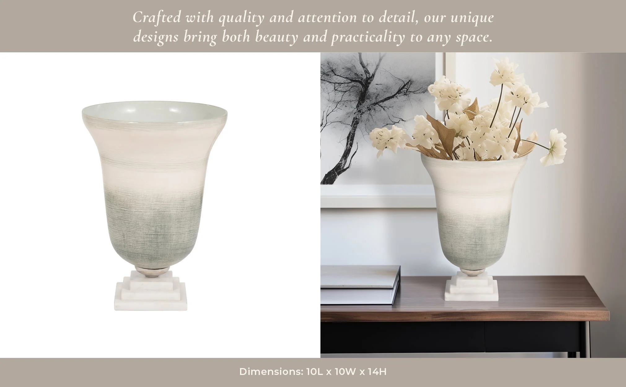 Glass, 14" Vase On Marble Base, Sage/ivory Kd - Image 12