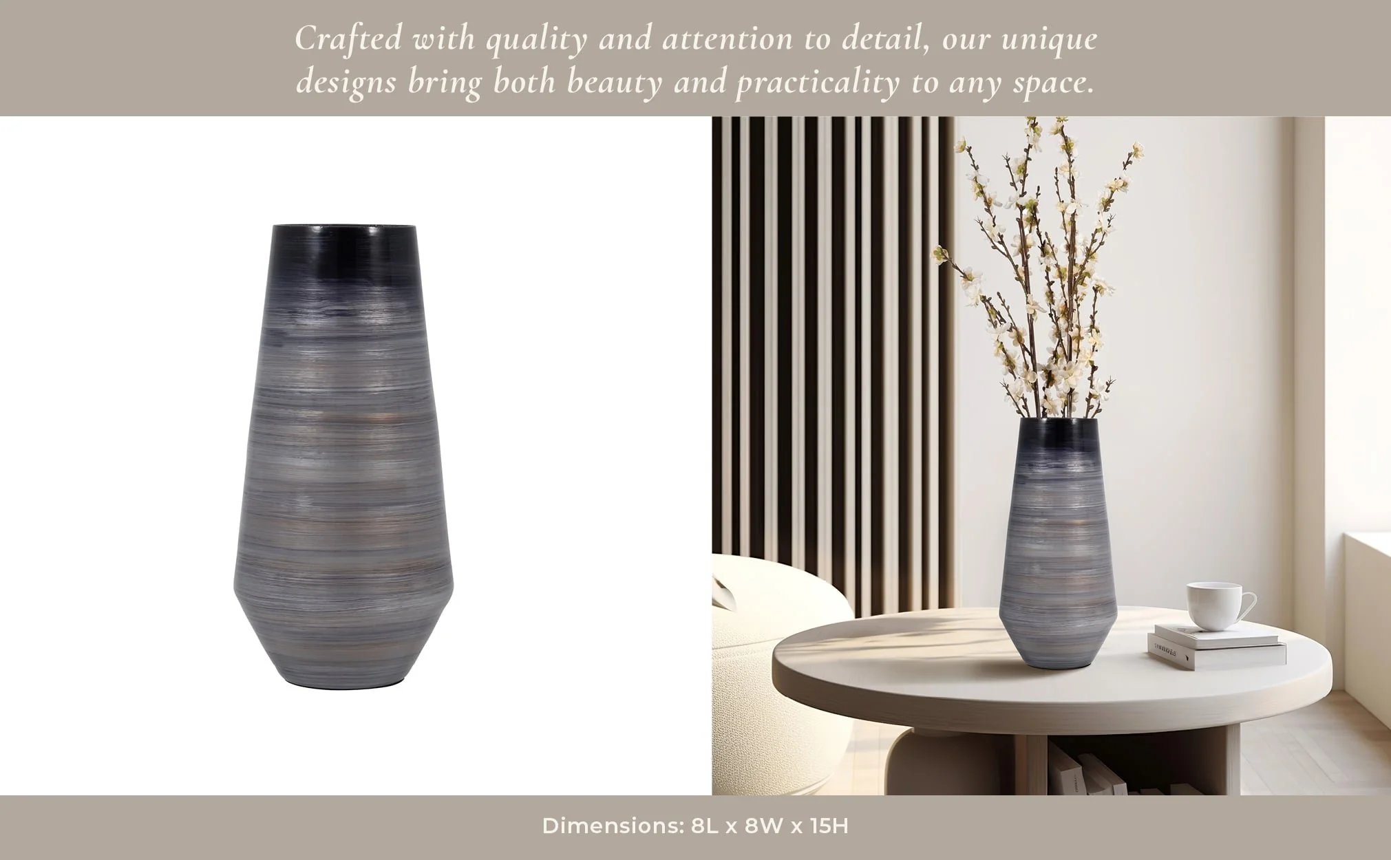 Glass, 15" Enameled Vase, Gray/black - Image 11