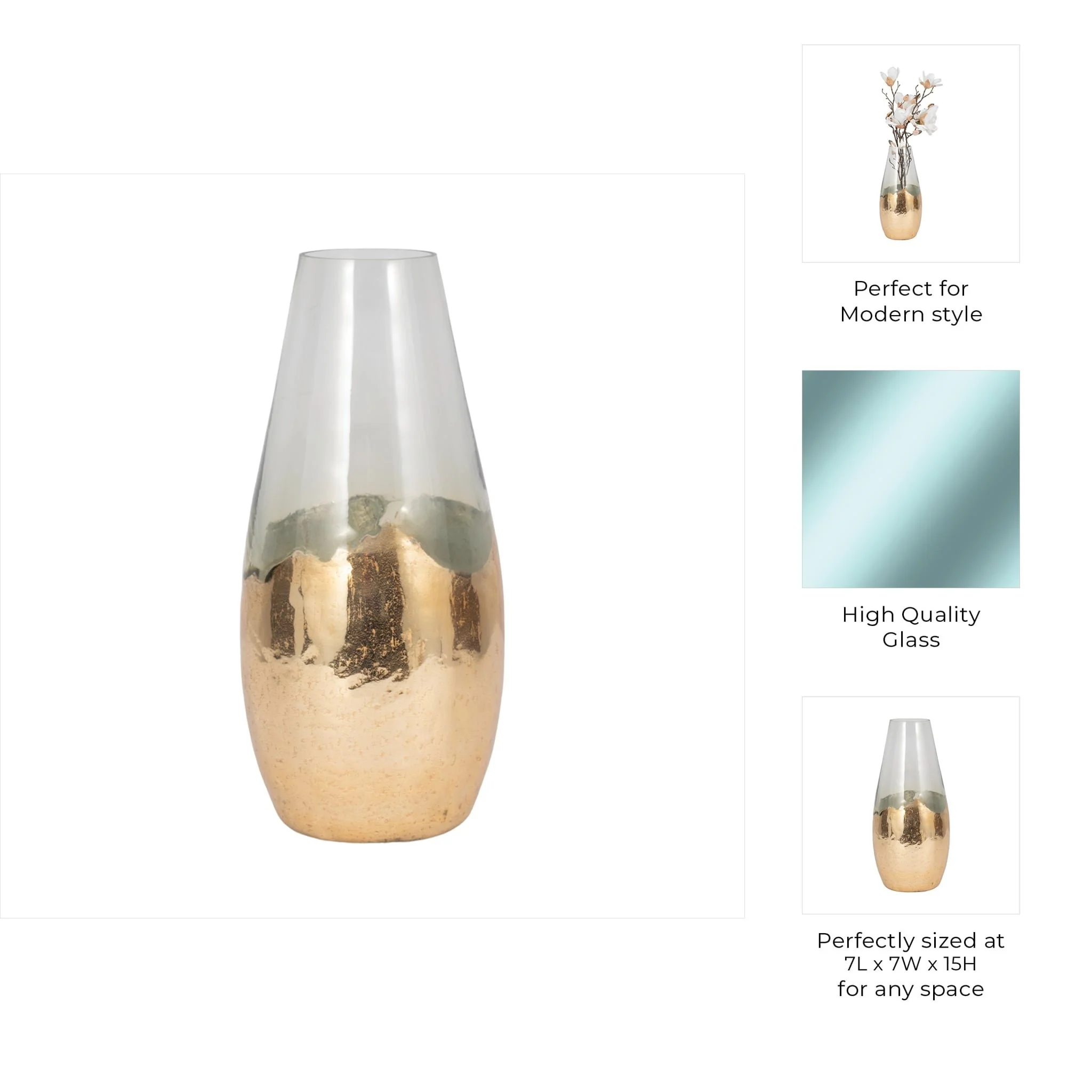 Glass, 15" Gold Dipped Vase, Clear - Image 9