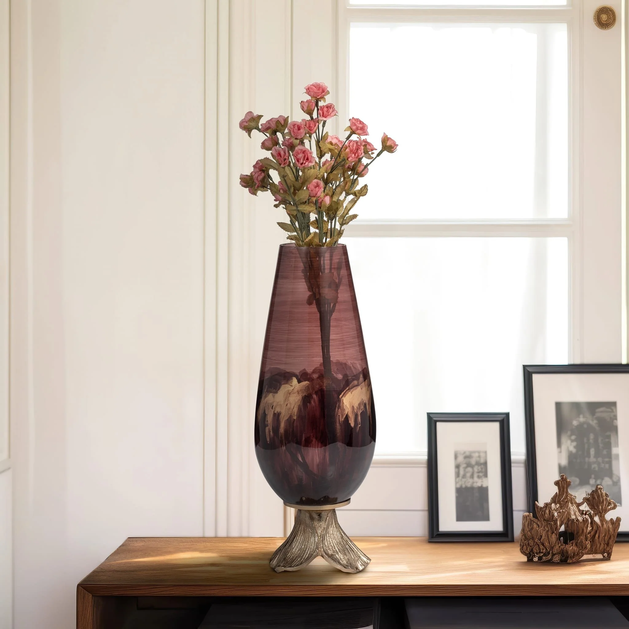 Glass, 15" Vase W/ Leaf Base, Bronze - Image 11