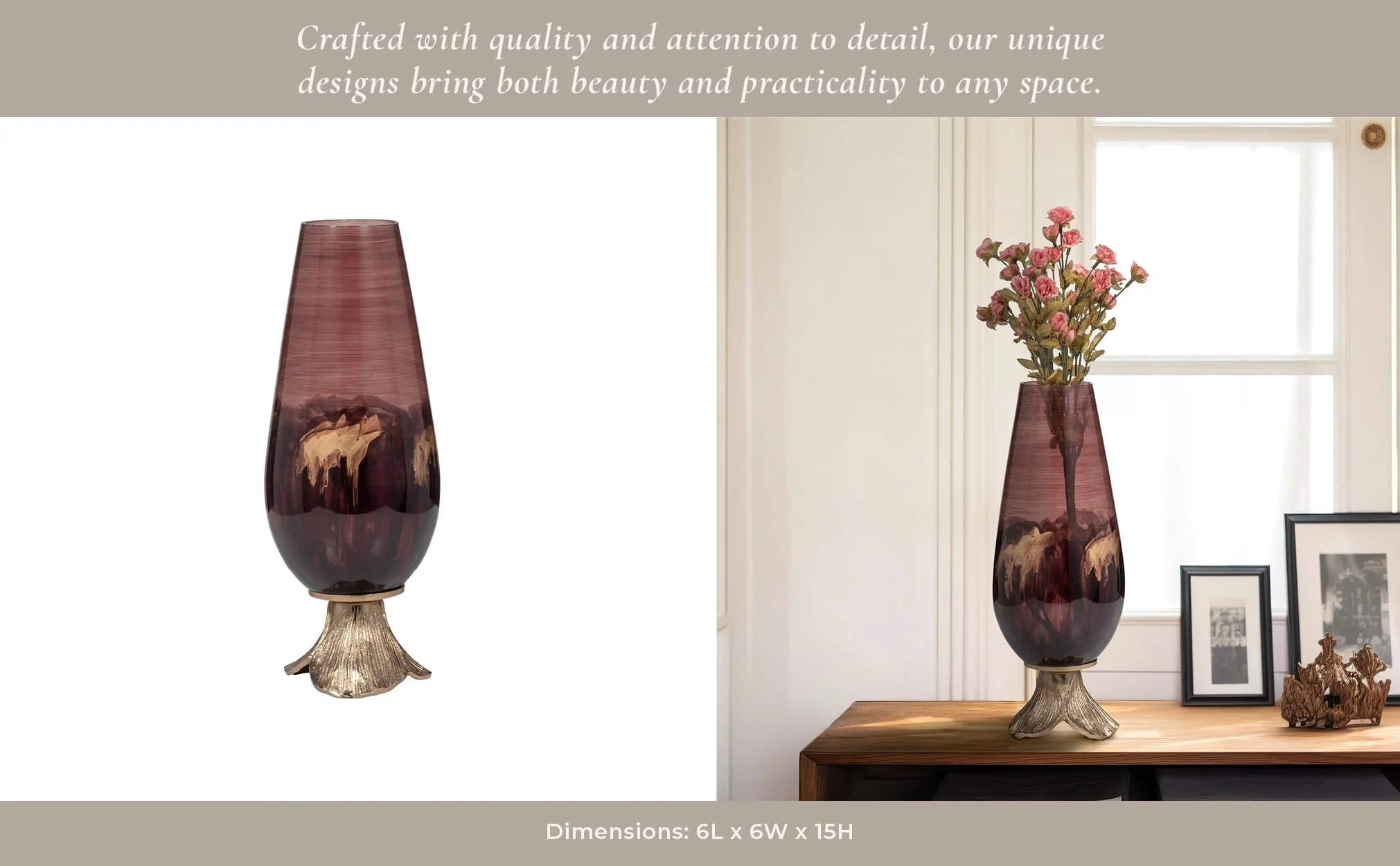 Glass, 15" Vase W/ Leaf Base, Bronze - Image 12