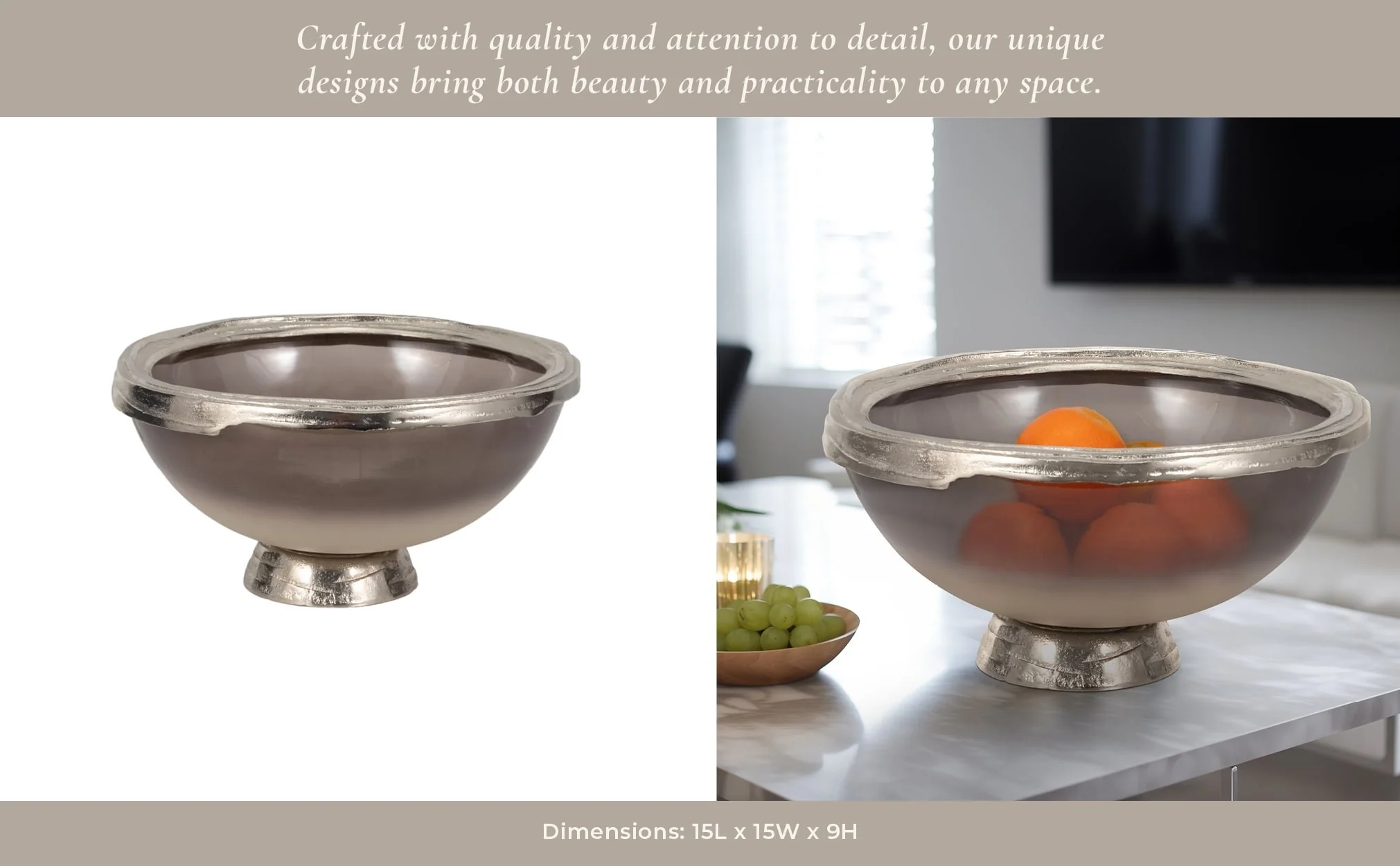 Glass, 15"d Bowl W/ Silver Base, Taupe Nickel - Image 10
